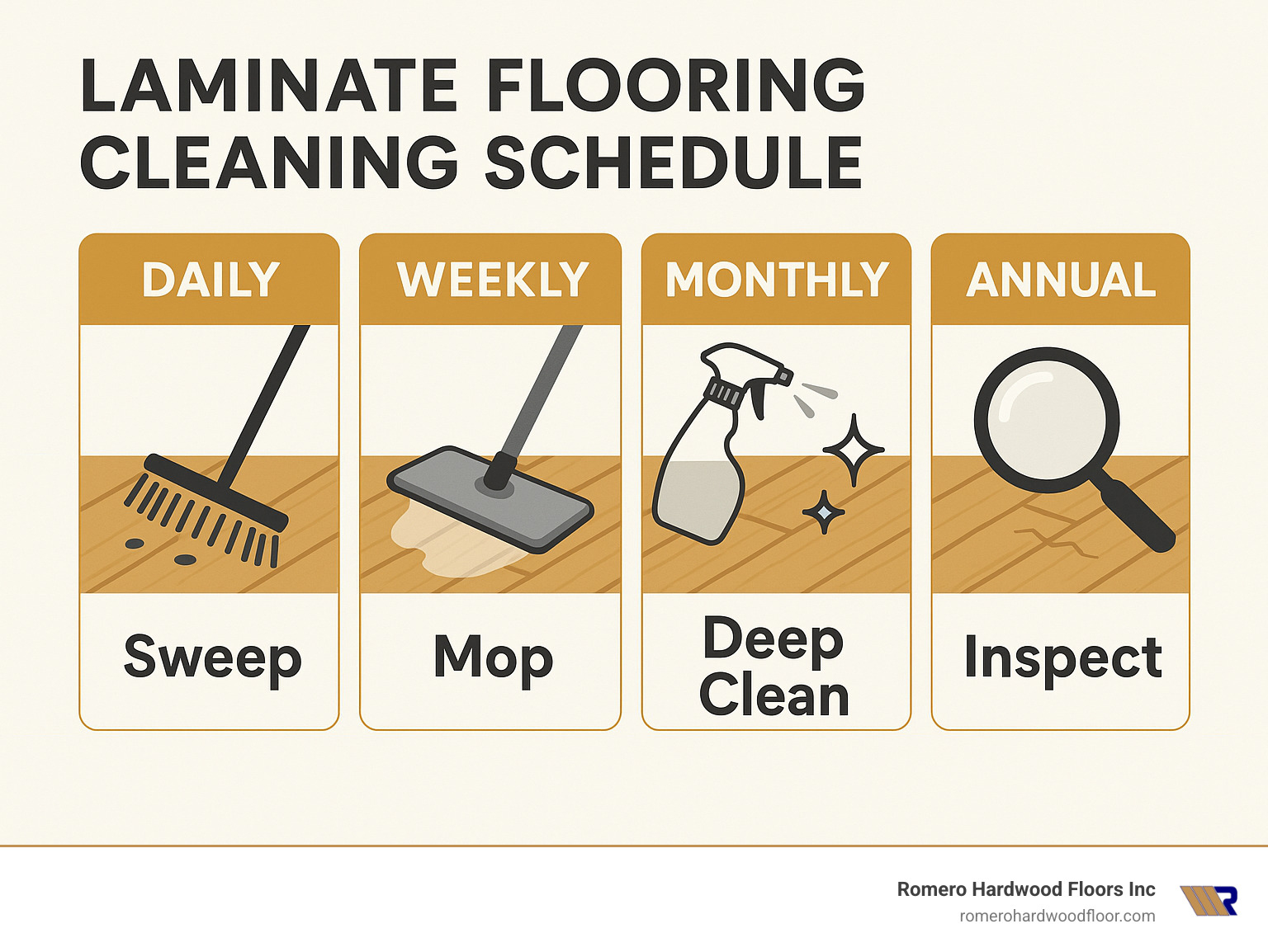 Infographic showing weekly laminate flooring cleaning schedule with daily sweeping, weekly mopping, monthly deep cleaning, and annual inspection - cheap but good laminate flooring infographic 