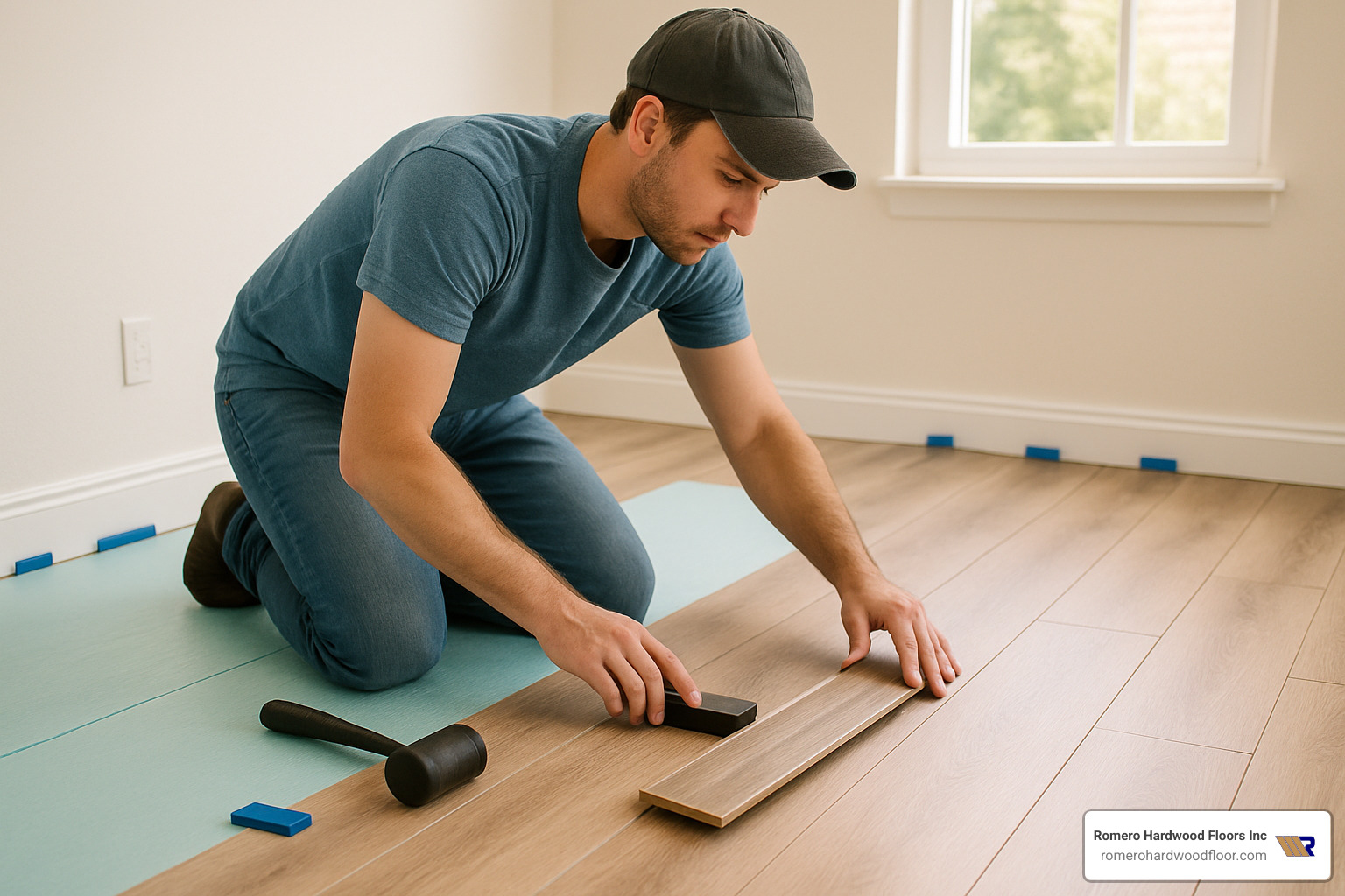 homeowner installing laminate flooring using click-lock system - cheap but good laminate flooring