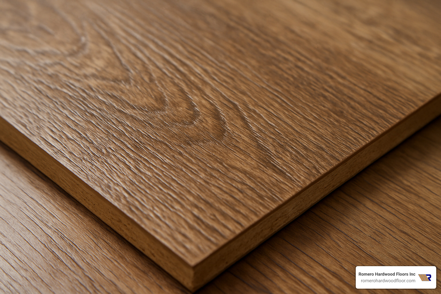 close-up of budget laminate plank showing hand-scraped texture - cheap but good laminate flooring