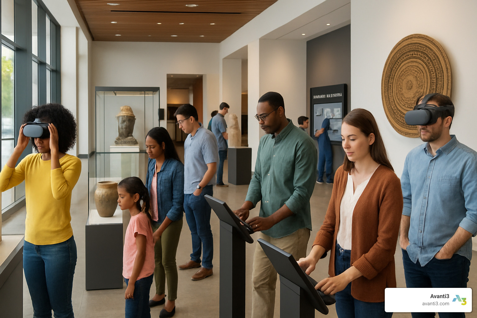 Museum hybrid lobby showing visitors using both physical displays and virtual reality stations to explore collections - Virtual Museum Experiences