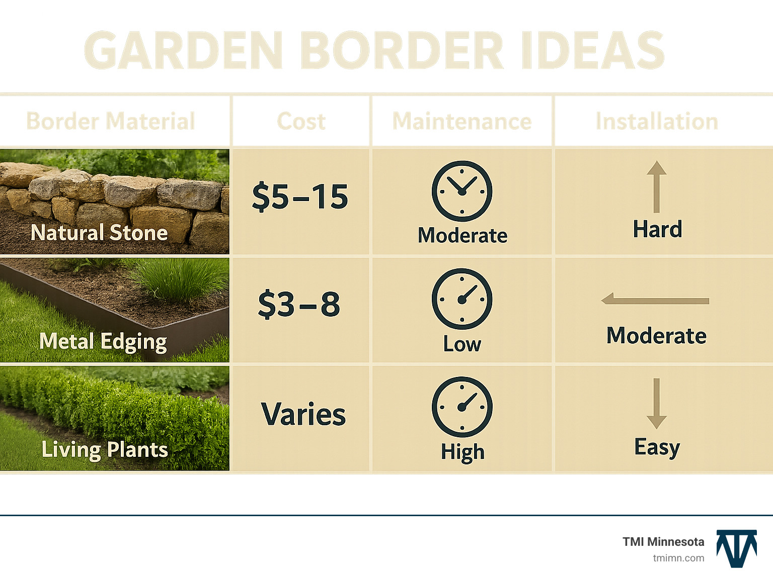 1ac38592ab3a32158990cbb7223ea14d208ab1c1 Border Patrol: Tips for Perfect Garden Edges Discover top Garden border ideas for curb appeal, easy upkeep, and stunning edges. Compare materials, designs, and DIY tips now! Comprehensive guide showing garden border materials comparison including natural stone, metal edging, living plants, costs per linear foot, maintenance requirements, and installation difficulty levels - Garden border ideas infographic