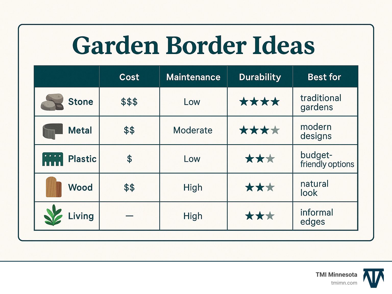 678f7ecaadb1d7b697ce57e5e56eb744d0ee4991 Border Patrol: Tips for Perfect Garden Edges Discover top Garden border ideas for curb appeal, easy upkeep, and stunning edges. Compare materials, designs, and DIY tips now! Detailed comparison table showing costs, maintenance requirements, durability ratings, and best use cases for stone, metal, plastic, wood, and living border materials - Garden border ideas infographic