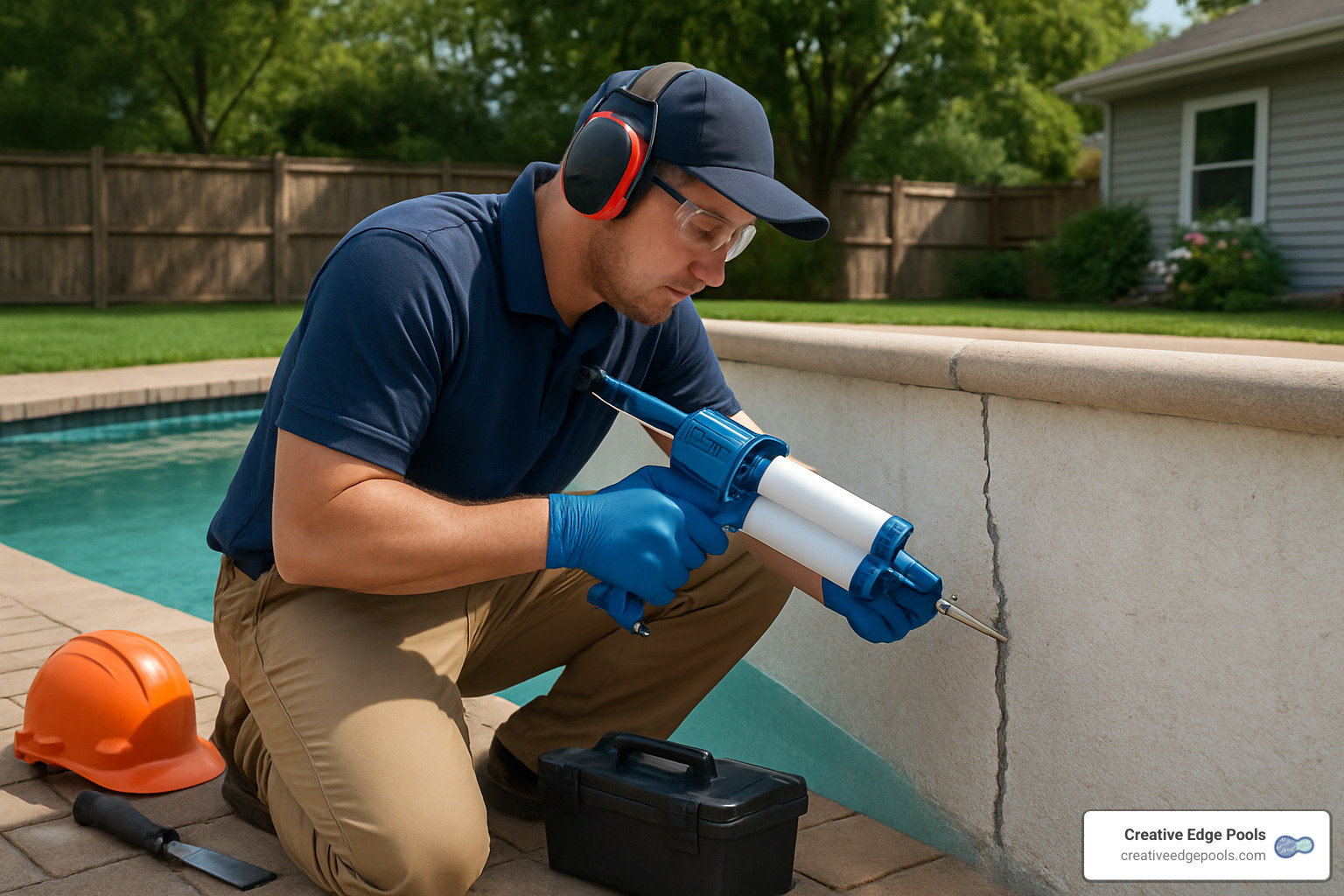 technician injecting epoxy into gunite pool crack - gunite pool crack repair cost