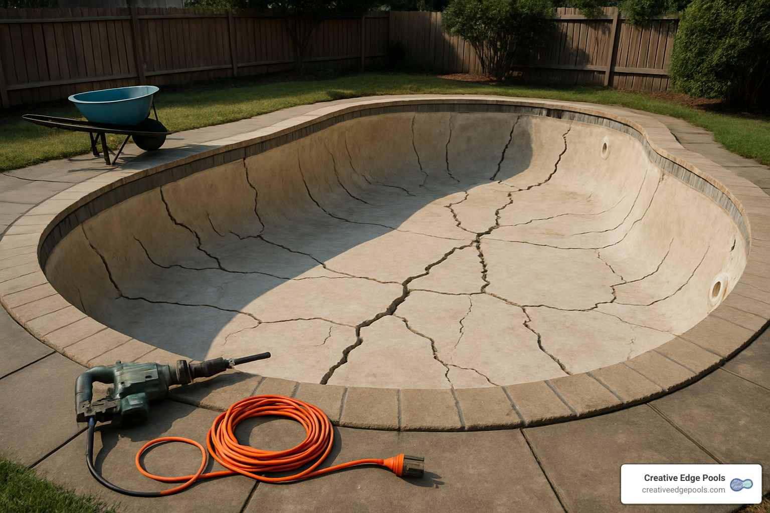 drained gunite pool shell showing exposed cracks - gunite pool crack repair cost