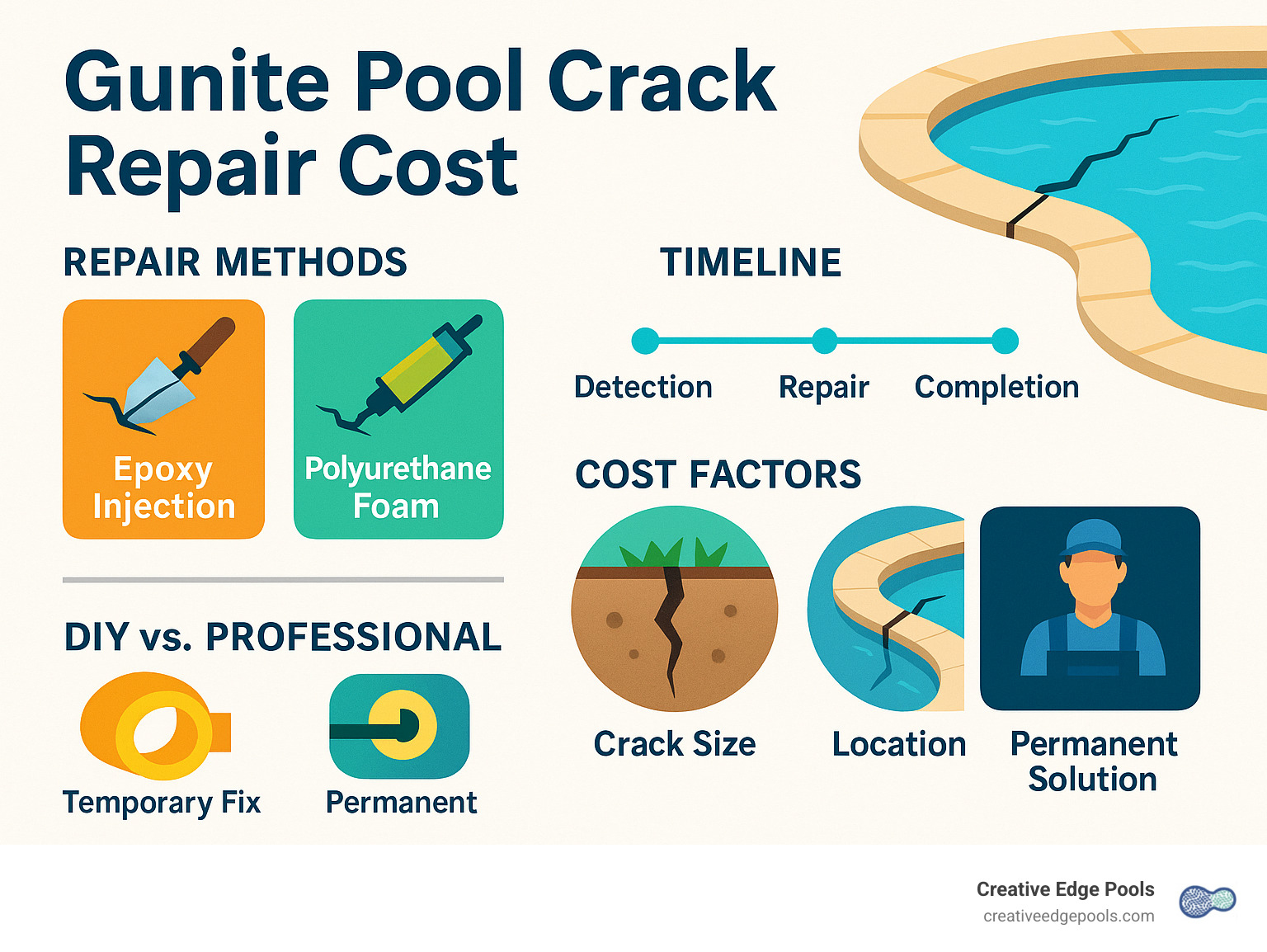 Detailed breakdown of gunite pool crack repair costs showing repair methods, timeline from detection to completion, cost factors including crack size and location, and comparison between DIY temporary fixes versus professional permanent solutions - gunite pool crack repair cost infographic 