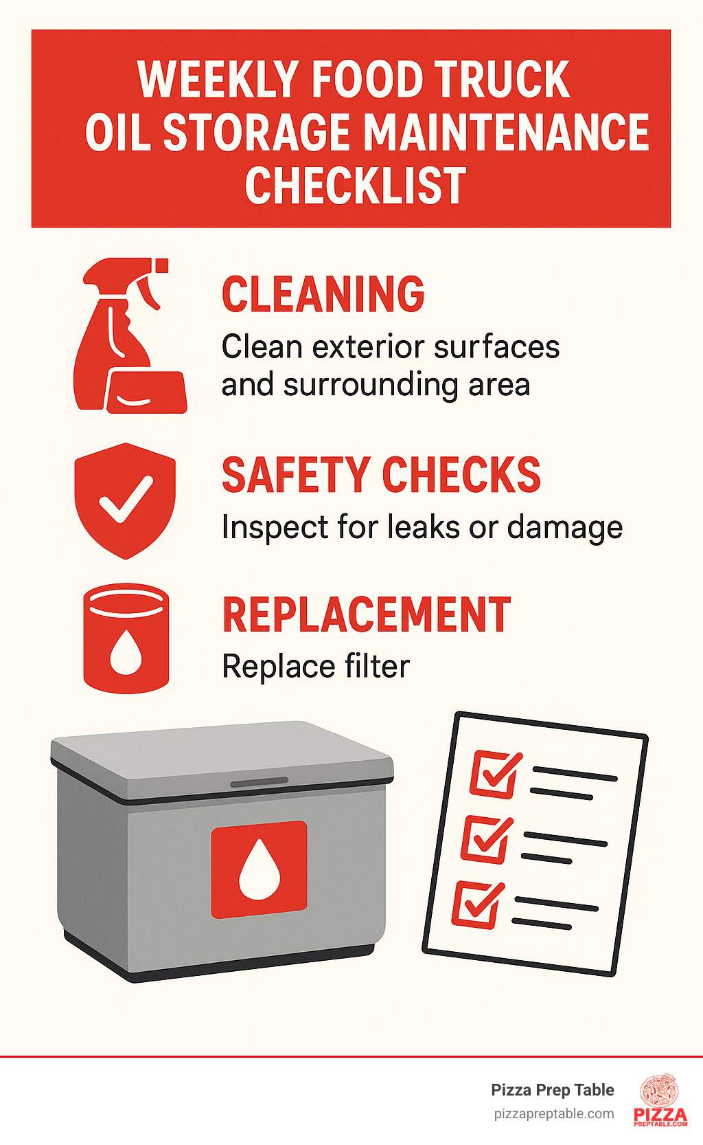 Infographic showing weekly food truck oil storage maintenance checklist with cleaning steps, safety checks, and replacement schedules - food truck fryer oil storage infographic 
