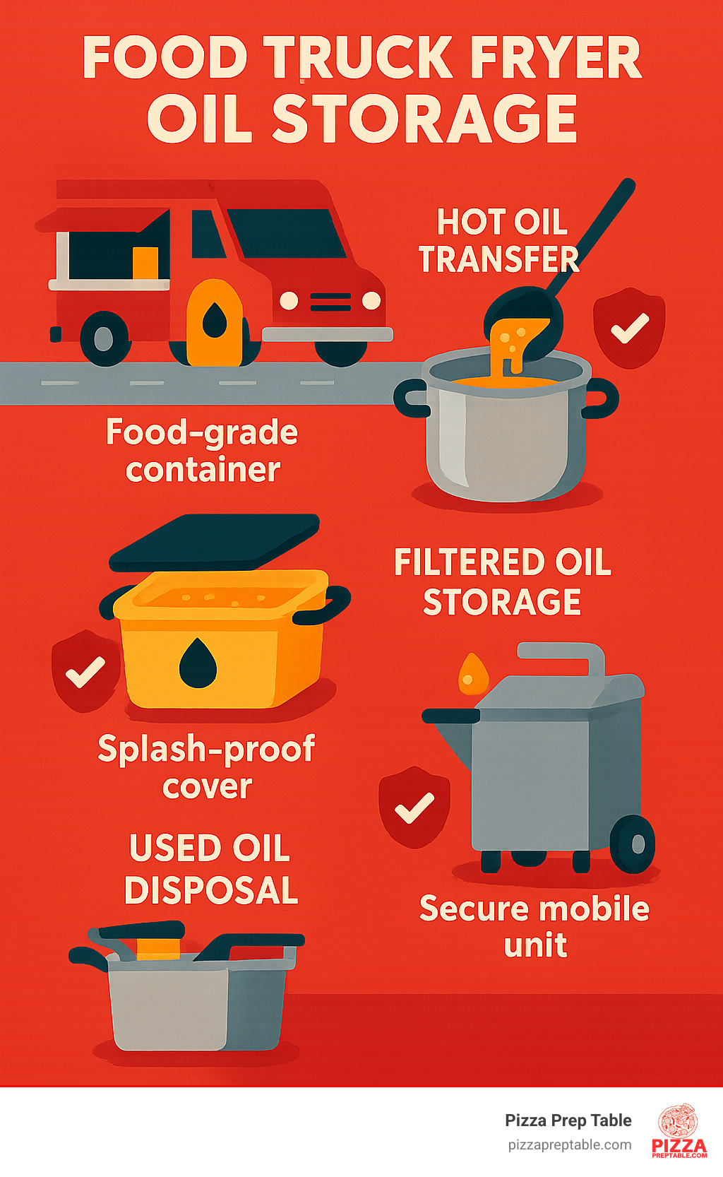 Infographic showing the complete food truck fryer oil storage lifecycle from fresh oil delivery through hot oil transfer, filtration, storage, and disposal with safety checkpoints and container recommendations at each stage - food truck fryer oil storage infographic 
