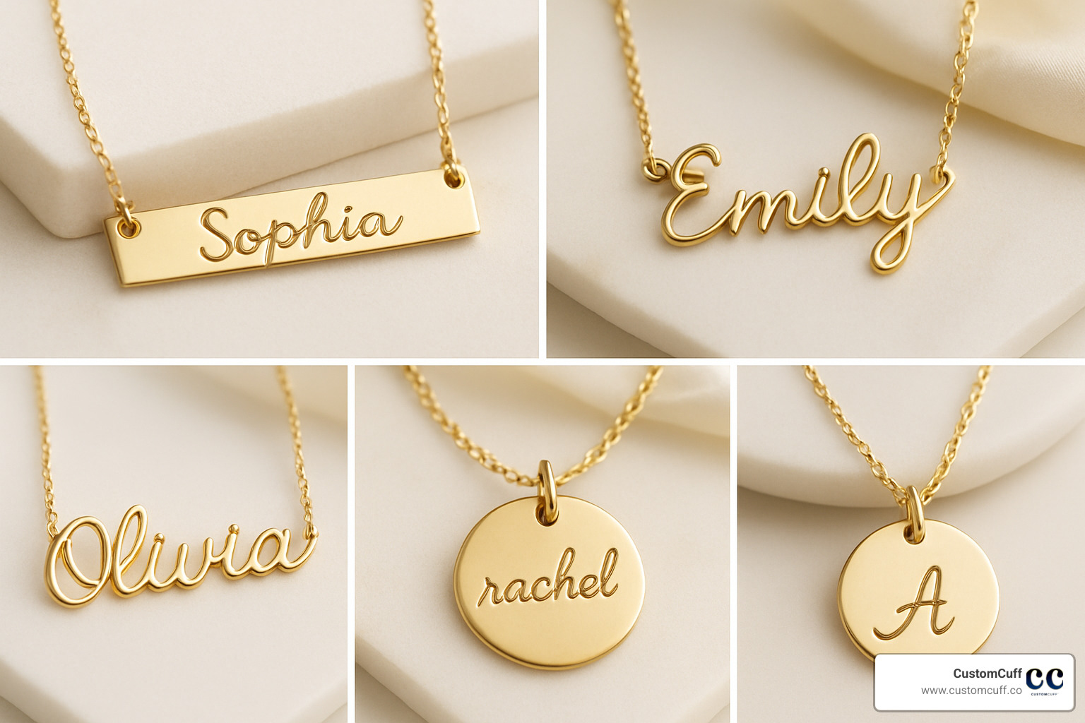 Collage showing five different styles of 14k gold handwriting necklaces including bar pendants, script designs, and disc shapes - custom handwriting necklace 14k gold