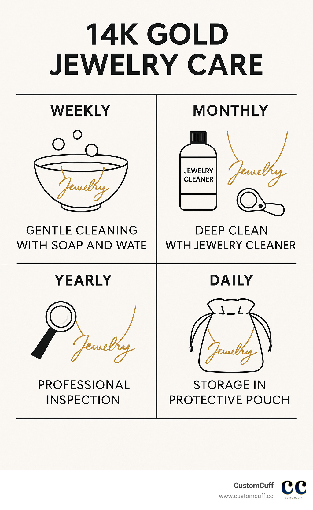 Infographic showing proper 14k gold jewelry care routine: weekly gentle cleaning with soap and water, monthly deep clean with jewelry cleaner, yearly professional inspection, and daily storage in protective pouch - custom handwriting necklace 14k gold infographic 