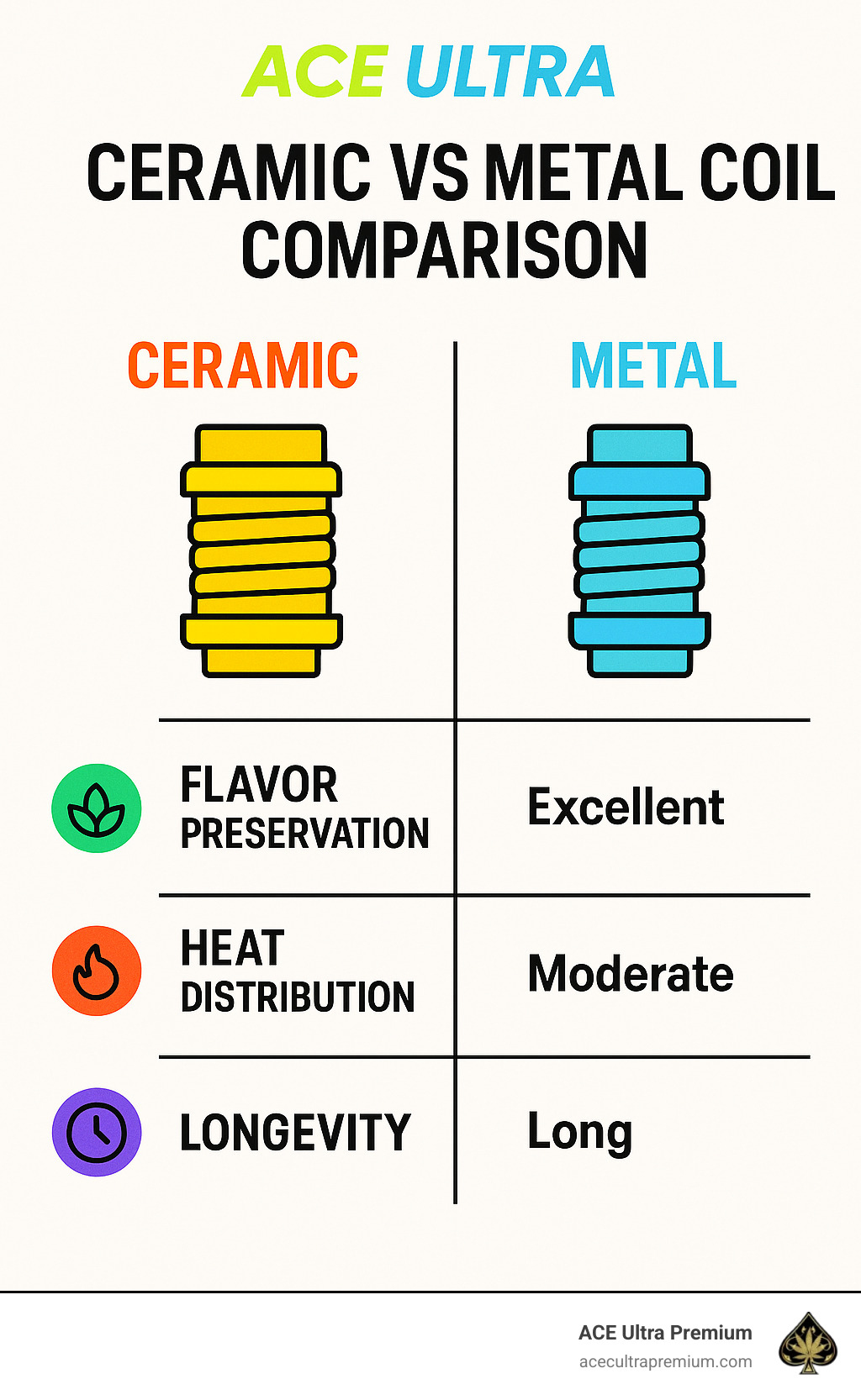 Comparison chart showing ceramic vs metal coil performance in terms of flavor preservation, heat distribution, and longevity - ace ultra infographic Comparison chart showing ceramic vs metal coil performance in terms of flavor preservation, heat distribution, and longevity - ace ultra infographic