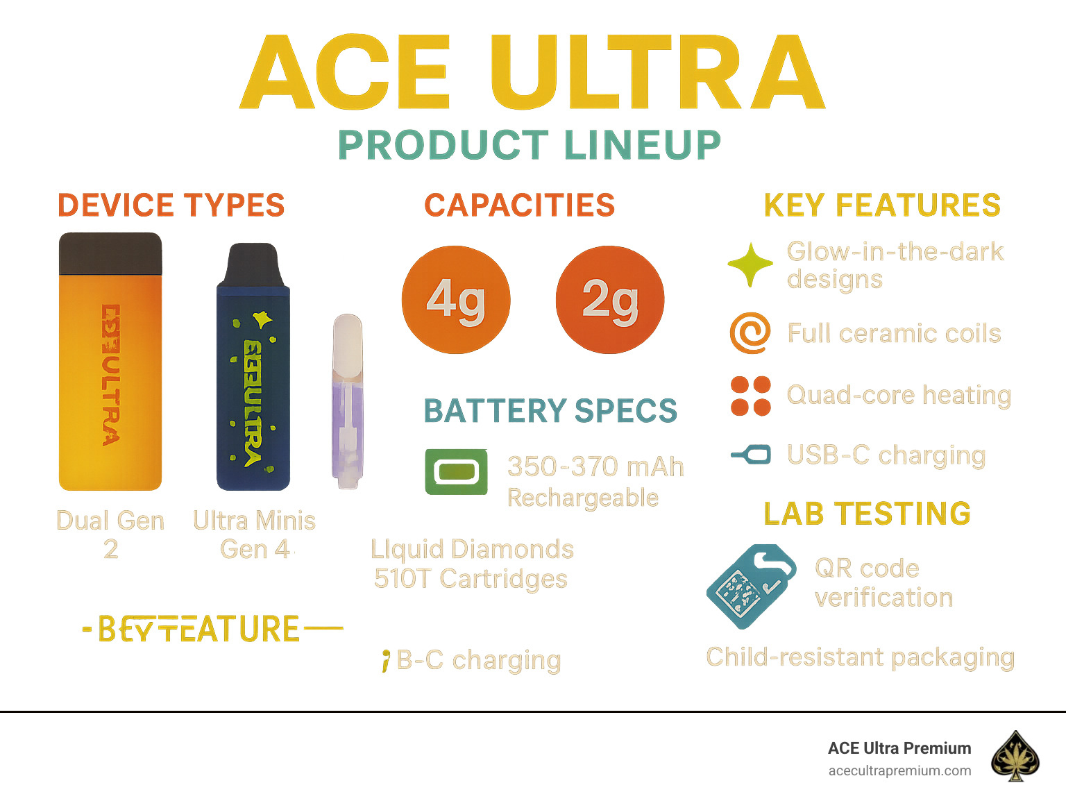 Comprehensive breakdown of Ace Ultra product lineup showing device types, capacities, key features, battery specifications, and lab testing verification process - ace ultra infographic Comprehensive breakdown of Ace Ultra product lineup showing device types, capacities, key features, battery specifications, and lab testing verification process - ace ultra infographic