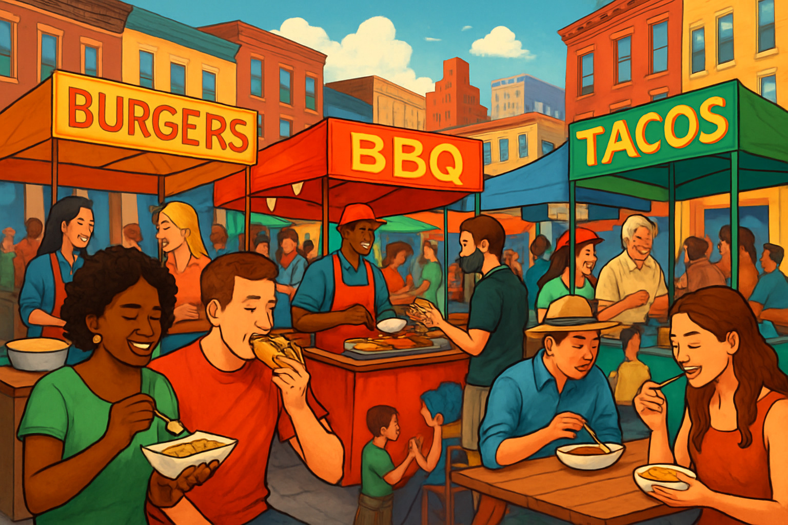 colorful street food market with vendors and tourists sampling local dishes - Culinary tour companies