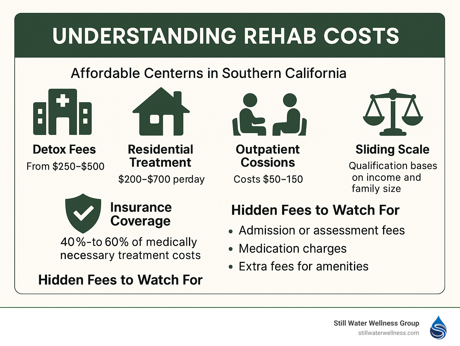 Detailed breakdown showing how rehab costs are structured, including detox fees, residential treatment daily rates, outpatient session costs, insurance coverage percentages, sliding scale qualifications, and hidden fees to watch for when comparing affordable rehab centers in Southern California - affordable rehab centers in southern california infographic 