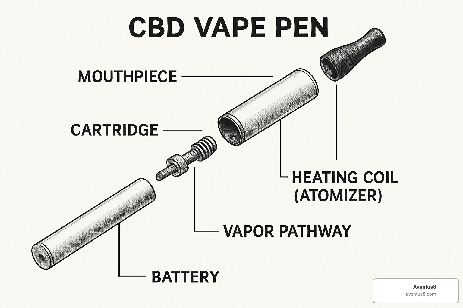 Exploded view diagram of CBD vape pen showing all internal components - CBD vape pen facts
