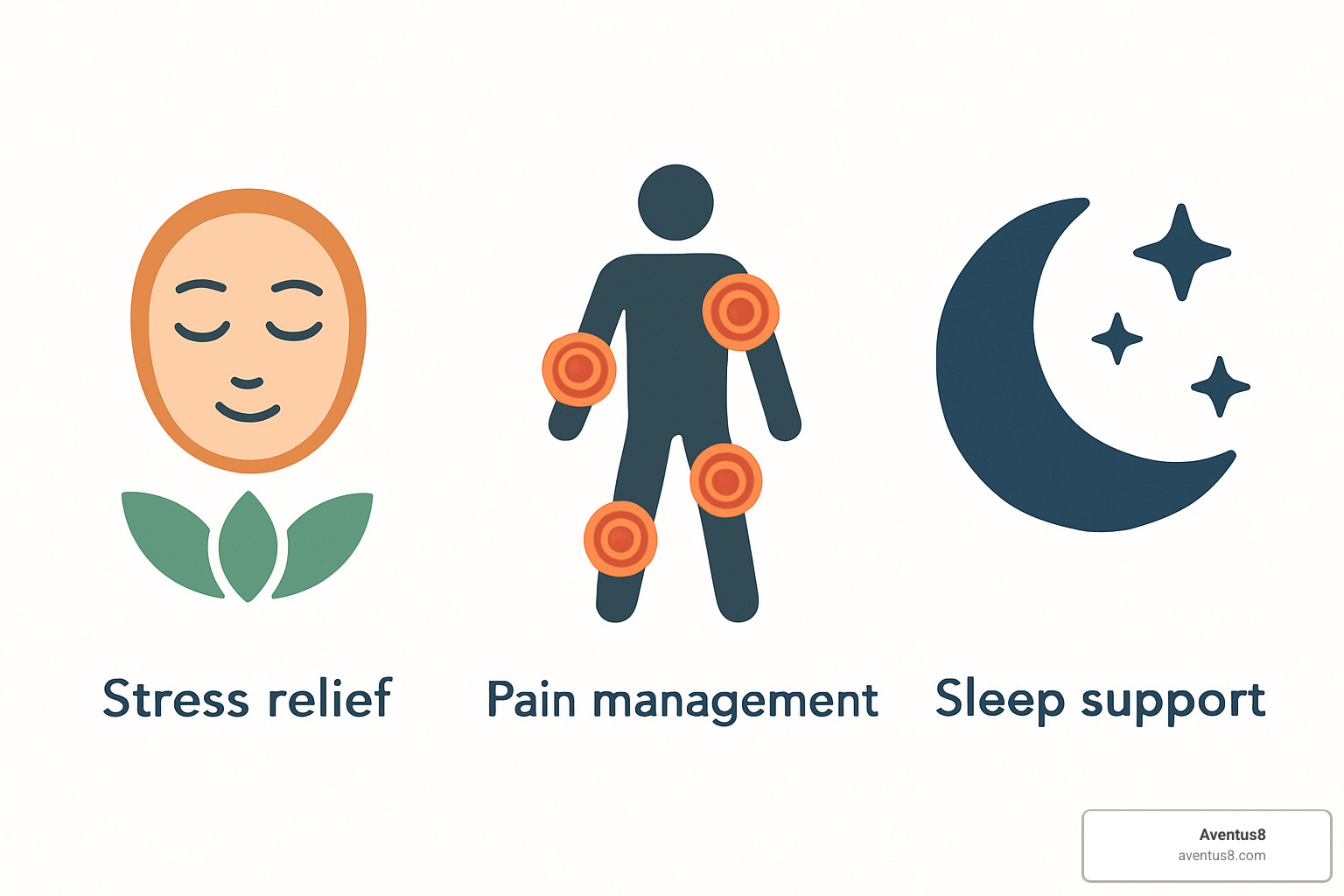 Wellness icons showing potential CBD benefits like stress relief, pain management, and sleep support - CBD vape pen facts