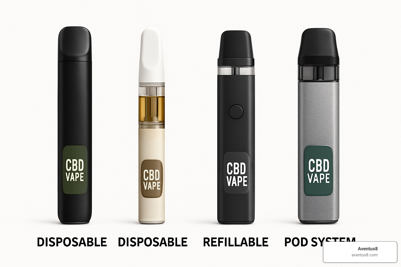 Lineup showing different types of CBD vape pens from disposable to advanced refillable systems - CBD vape pen facts