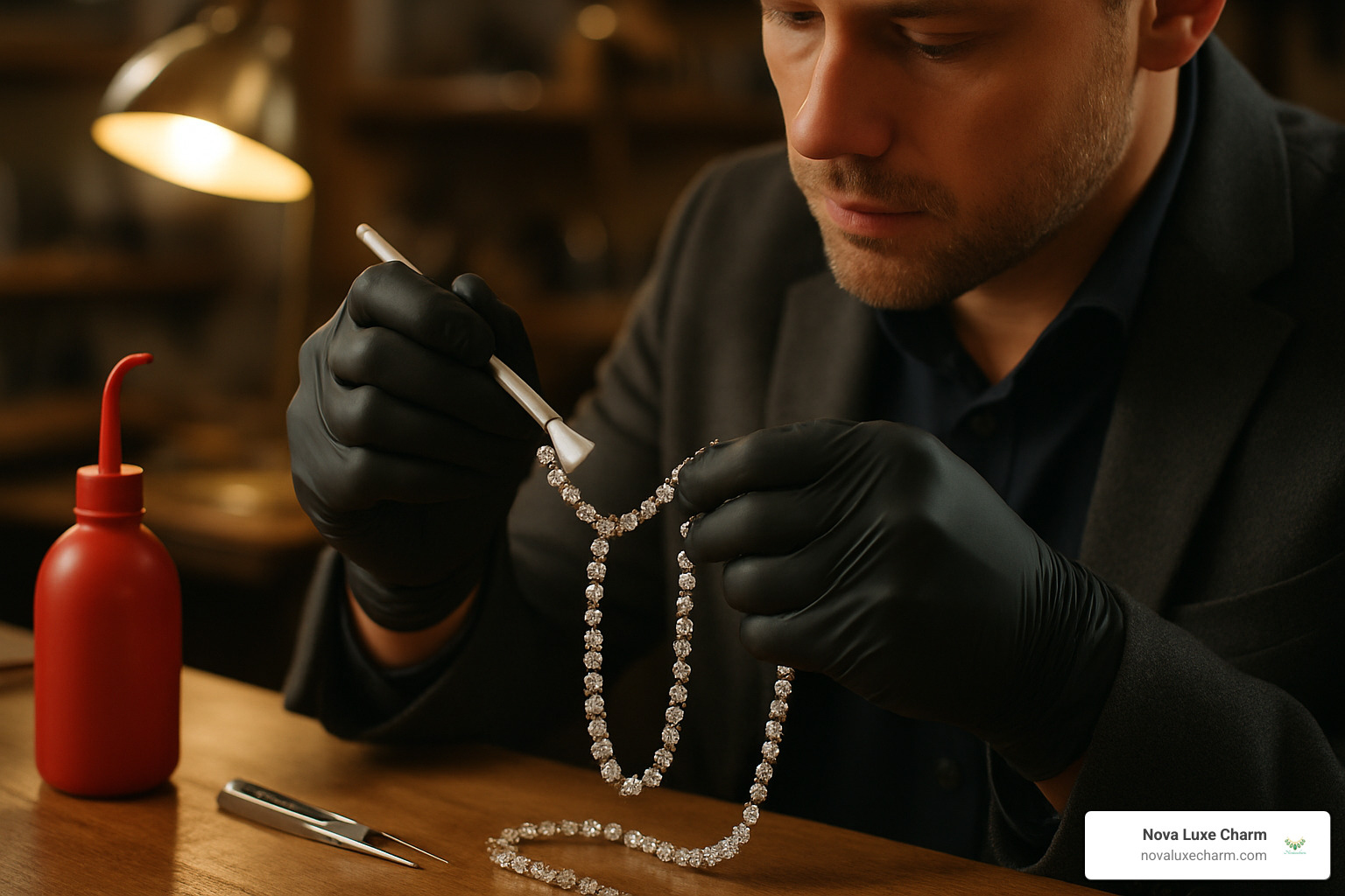 professional jeweler carefully cleaning a diamond necklace - designer jewelry gifts