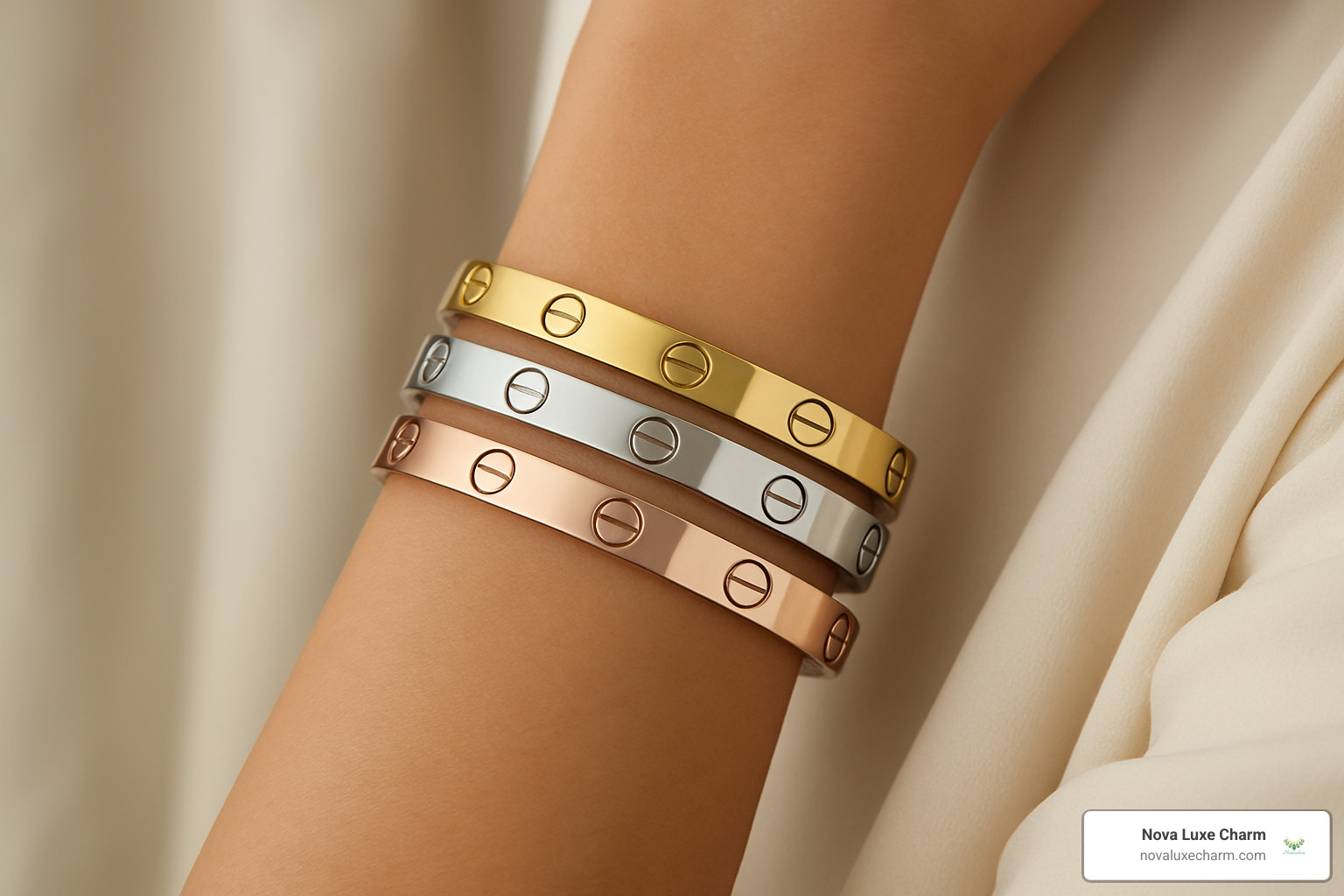 Cartier LOVE bracelet stack with multiple gold tones - designer jewelry gifts