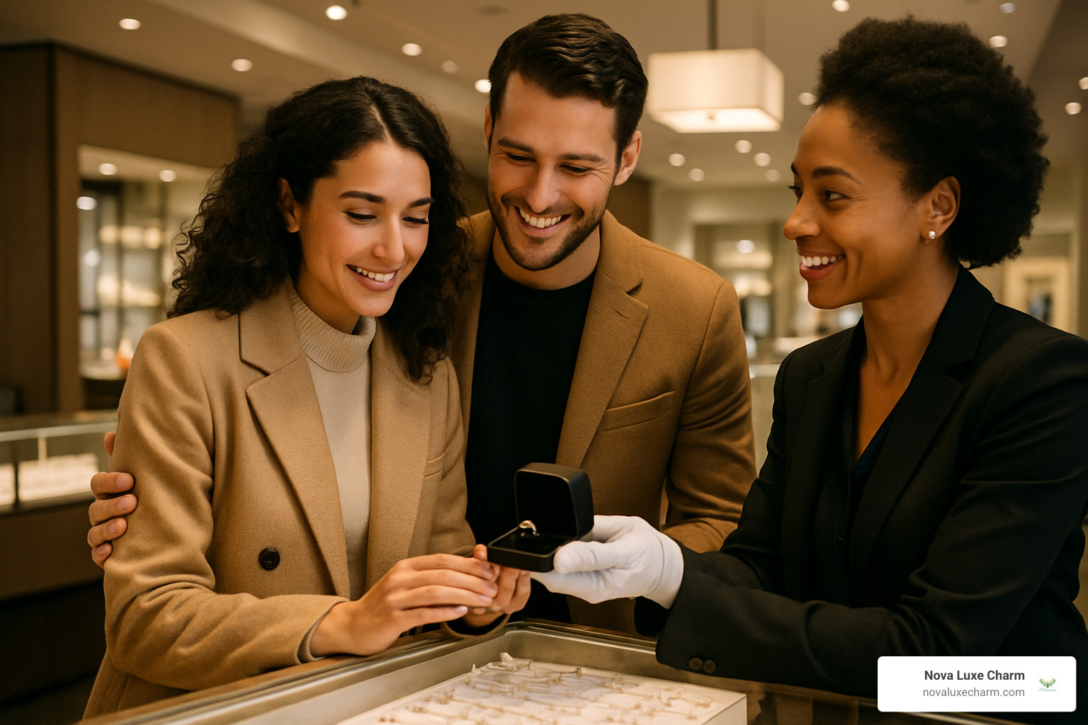 couple selecting engagement ring at jewelry counter - designer jewelry gifts