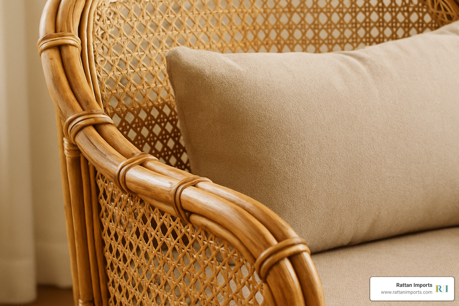 Close-up of rattan weaving pattern and cushion detail - Rattan chair with cushion
