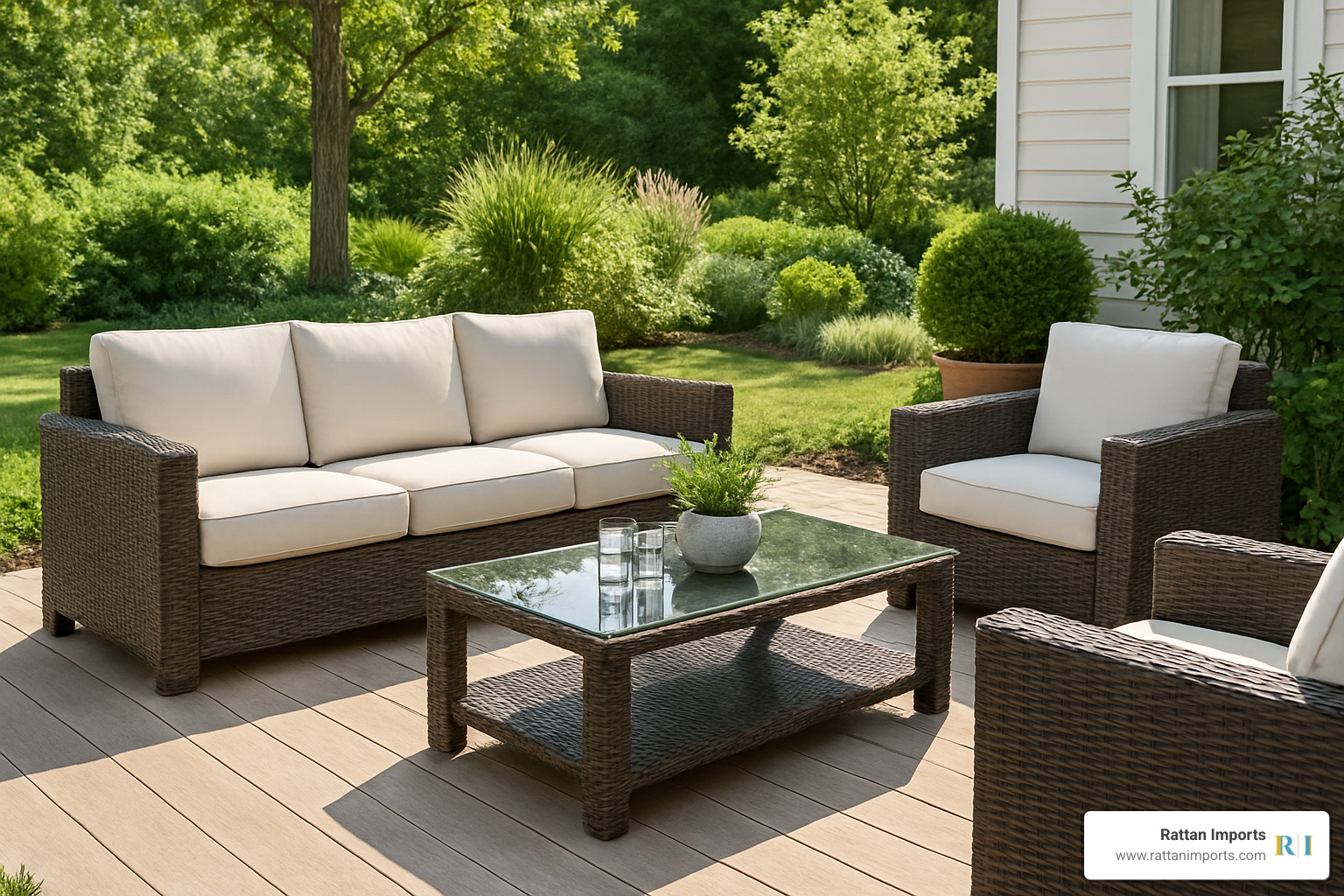 Outdoor patio setting with rattan conversation set - Rattan chair with cushion