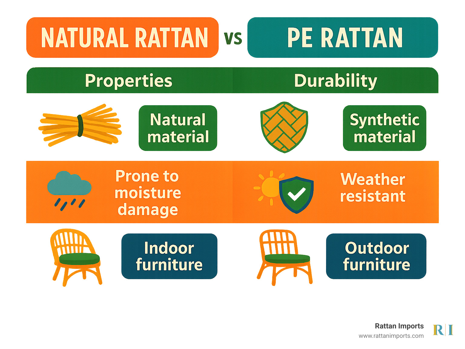 Comparison chart showing natural rattan versus PE rattan properties, durability, and best use cases - Rattan chair with cushion infographic 