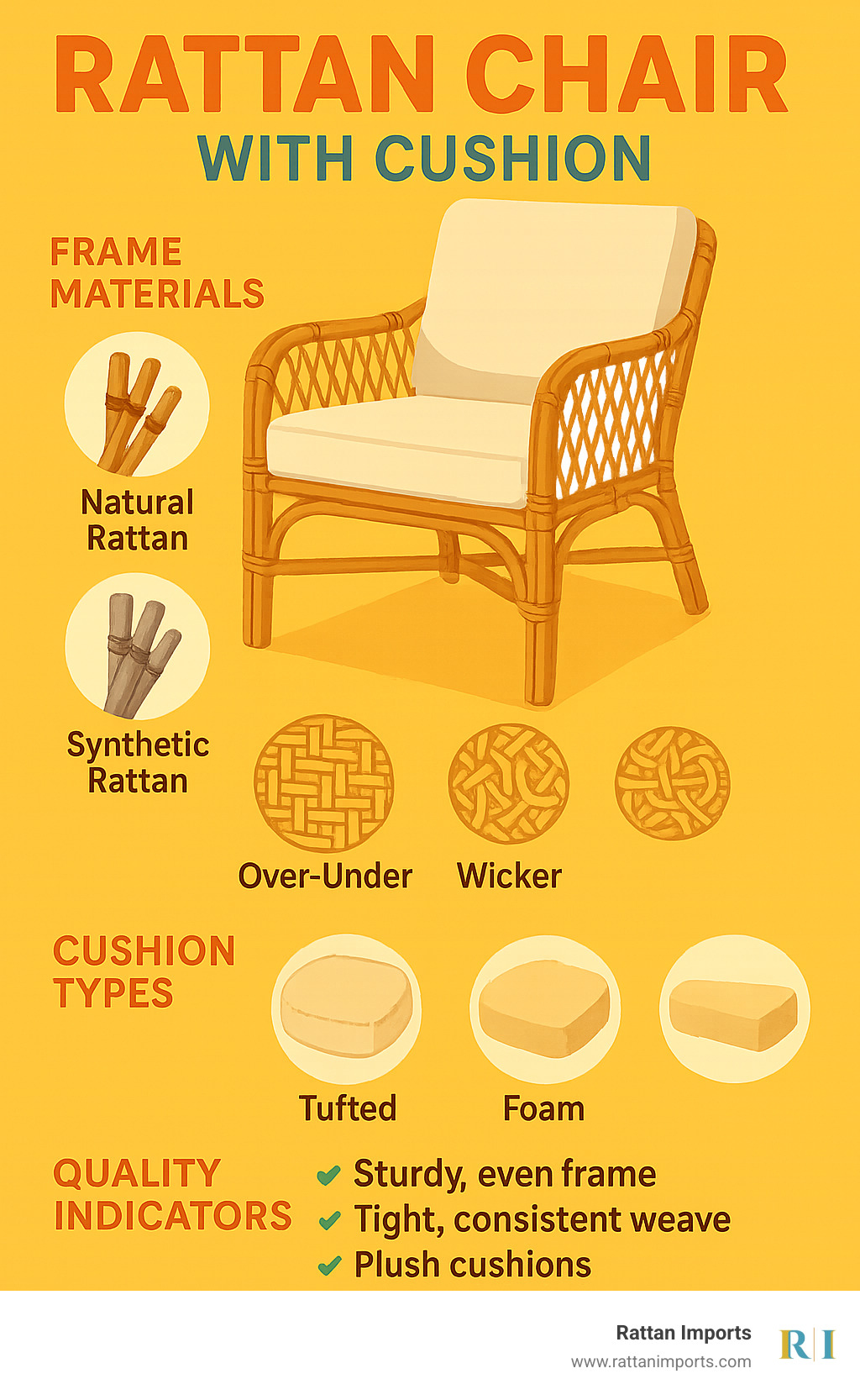 Detailed breakdown of rattan chair construction showing frame materials, weaving techniques, cushion types, and key quality indicators for buyers - Rattan chair with cushion infographic 