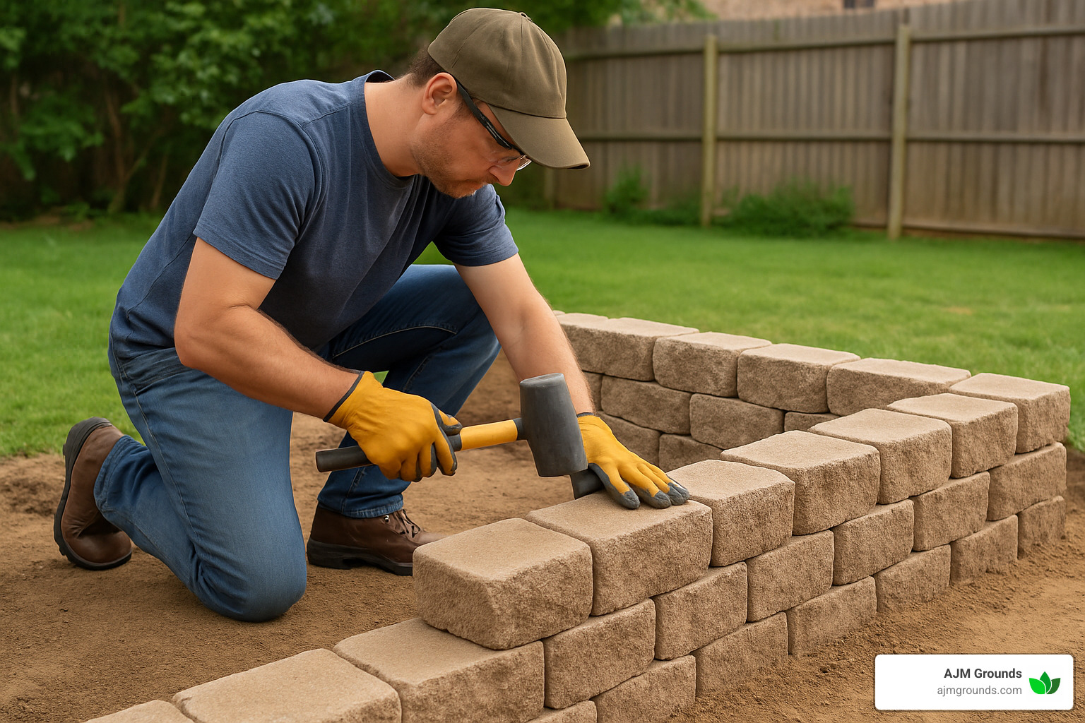 person installing interlocking retaining wall blocks with proper tools and safety equipment - retaining walls ideas