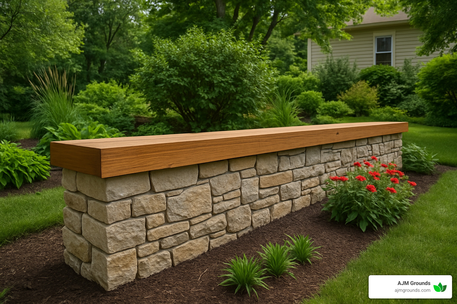 mixed material retaining wall with stone base and timber top - retaining walls ideas