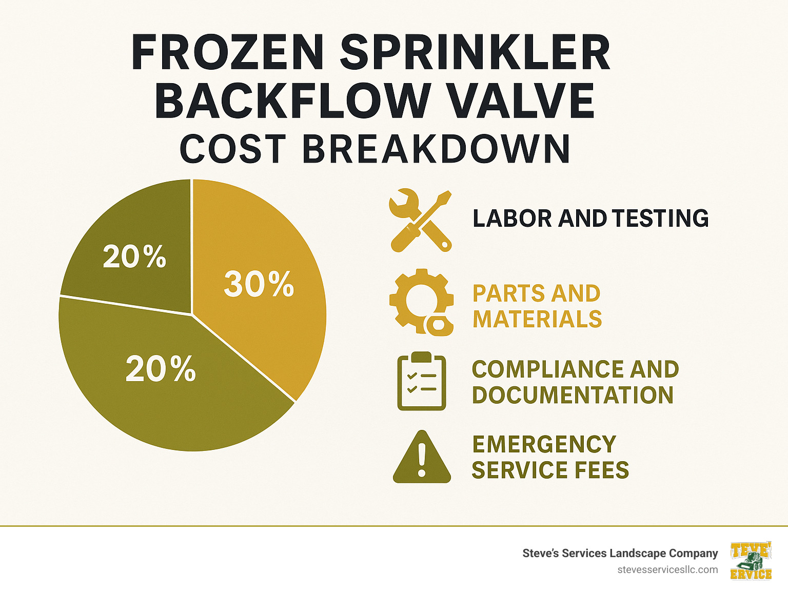Infographic showing cost breakdown: 40% labor and testing, 30% parts and materials, 20% compliance and documentation, 10% emergency service fees - frozen sprinkler backflow valve infographic Infographic showing cost breakdown: 40% labor and testing, 30% parts and materials, 20% compliance and documentation, 10% emergency service fees - frozen sprinkler backflow valve infographic