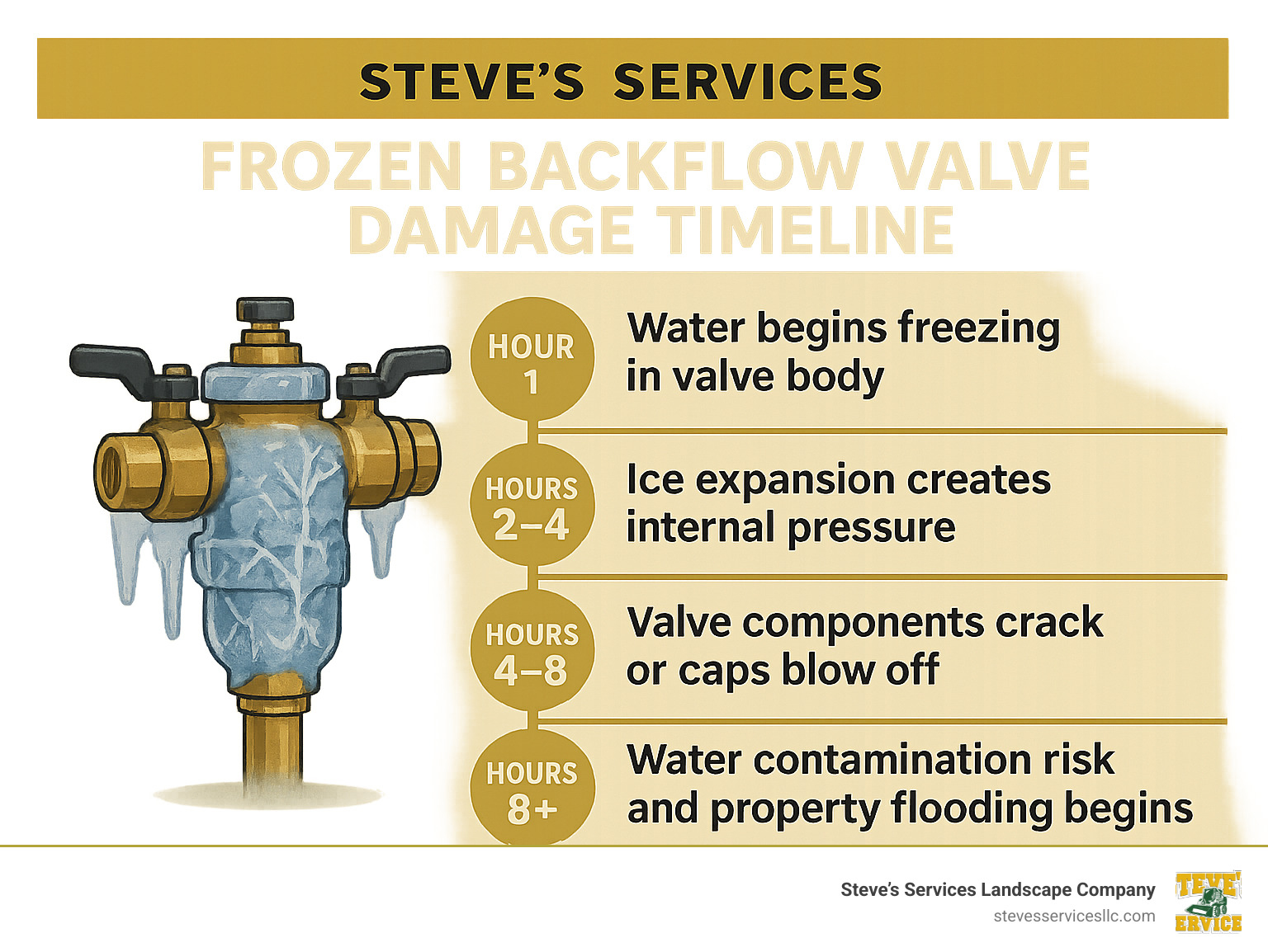 Detailed infographic showing frozen backflow valve damage timeline: Hour 1 - water begins freezing in valve body, Hour 2-4 - ice expansion creates internal pressure, Hour 4-8 - valve components crack or caps blow off, Hour 8+ - water contamination risk and property flooding begins - frozen sprinkler backflow valve infographic Detailed infographic showing frozen backflow valve damage timeline: Hour 1 - water begins freezing in valve body, Hour 2-4 - ice expansion creates internal pressure, Hour 4-8 - valve components crack or caps blow off, Hour 8+ - water contamination risk and property flooding begins - frozen sprinkler backflow valve infographic