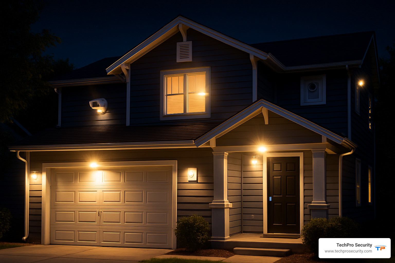 secure smart home at night with illuminated security features - house alarm installation