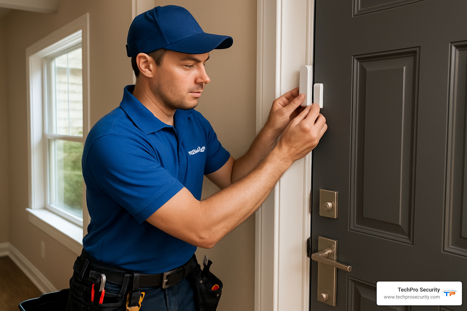 professional technician installing door sensor - house alarm installation