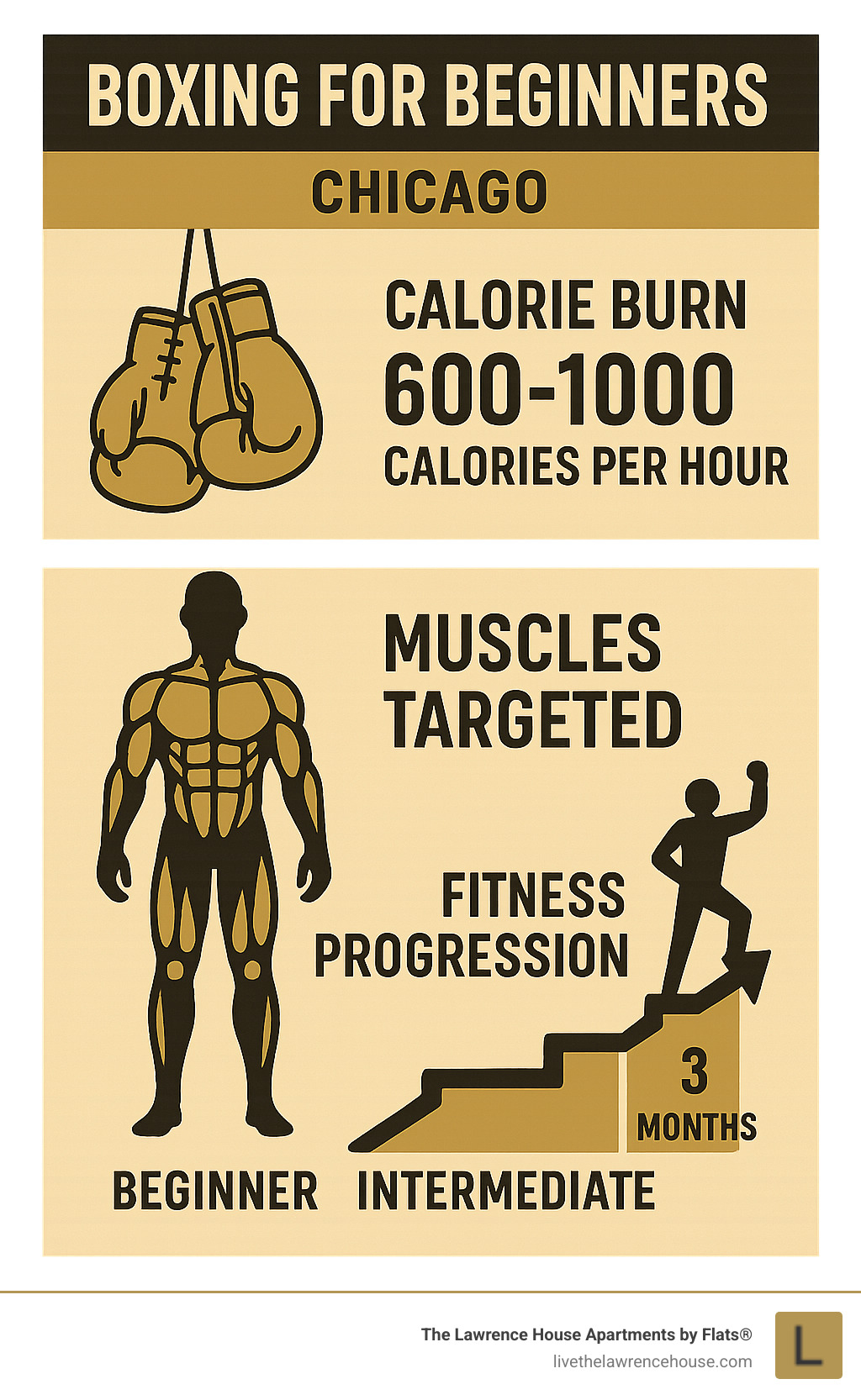 Infographic displaying boxing workout benefits including calorie burn rates, muscle groups targeted, and fitness progression timeline for beginners - Boxing for beginners Chicago infographic 
