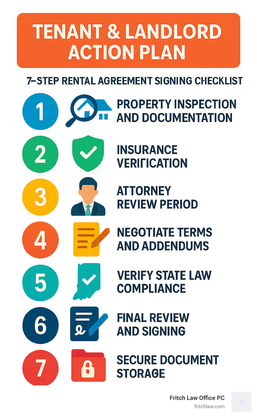 Infographic showing 7-step rental agreement signing checklist: 1) Property inspection and documentation, 2) Insurance verification, 3) Attorney review period, 4) Negotiate terms and addendums, 5) Verify state law compliance, 6) Final review and signing, 7) Secure document storage - lawyers for rental agreement infographic Infographic showing 7-step rental agreement signing checklist: 1) Property inspection and documentation, 2) Insurance verification, 3) Attorney review period, 4) Negotiate terms and addendums, 5) Verify state law compliance, 6) Final review and signing, 7) Secure document storage - lawyers for rental agreement infographic