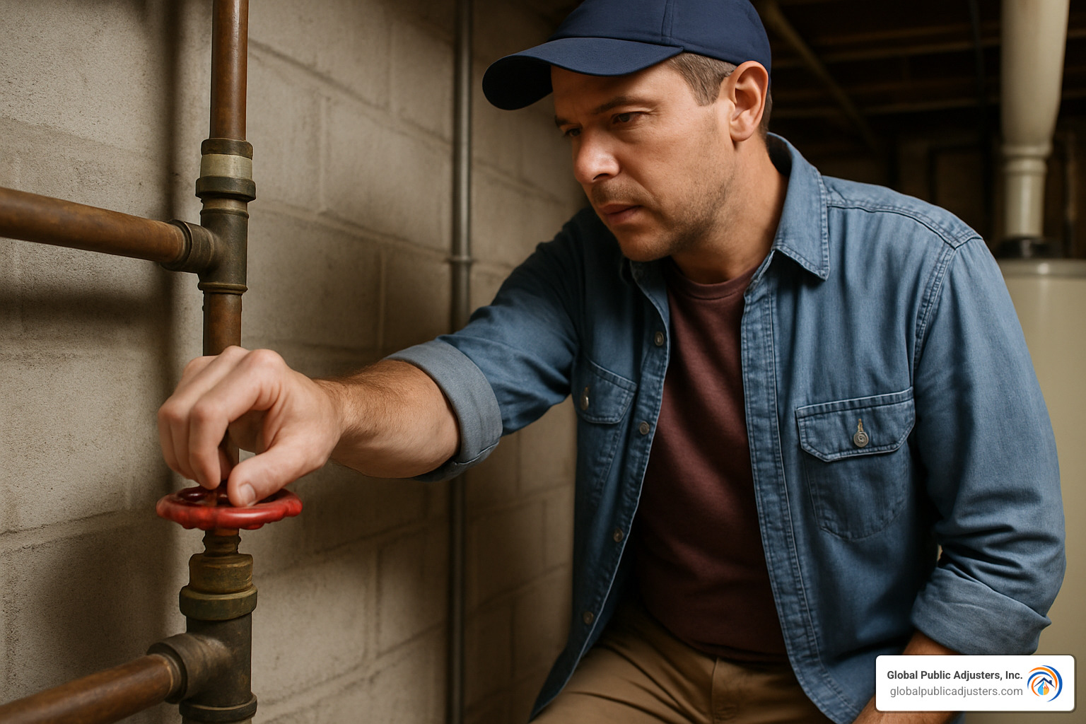 homeowner shutting off water valve - mold and water damage repair