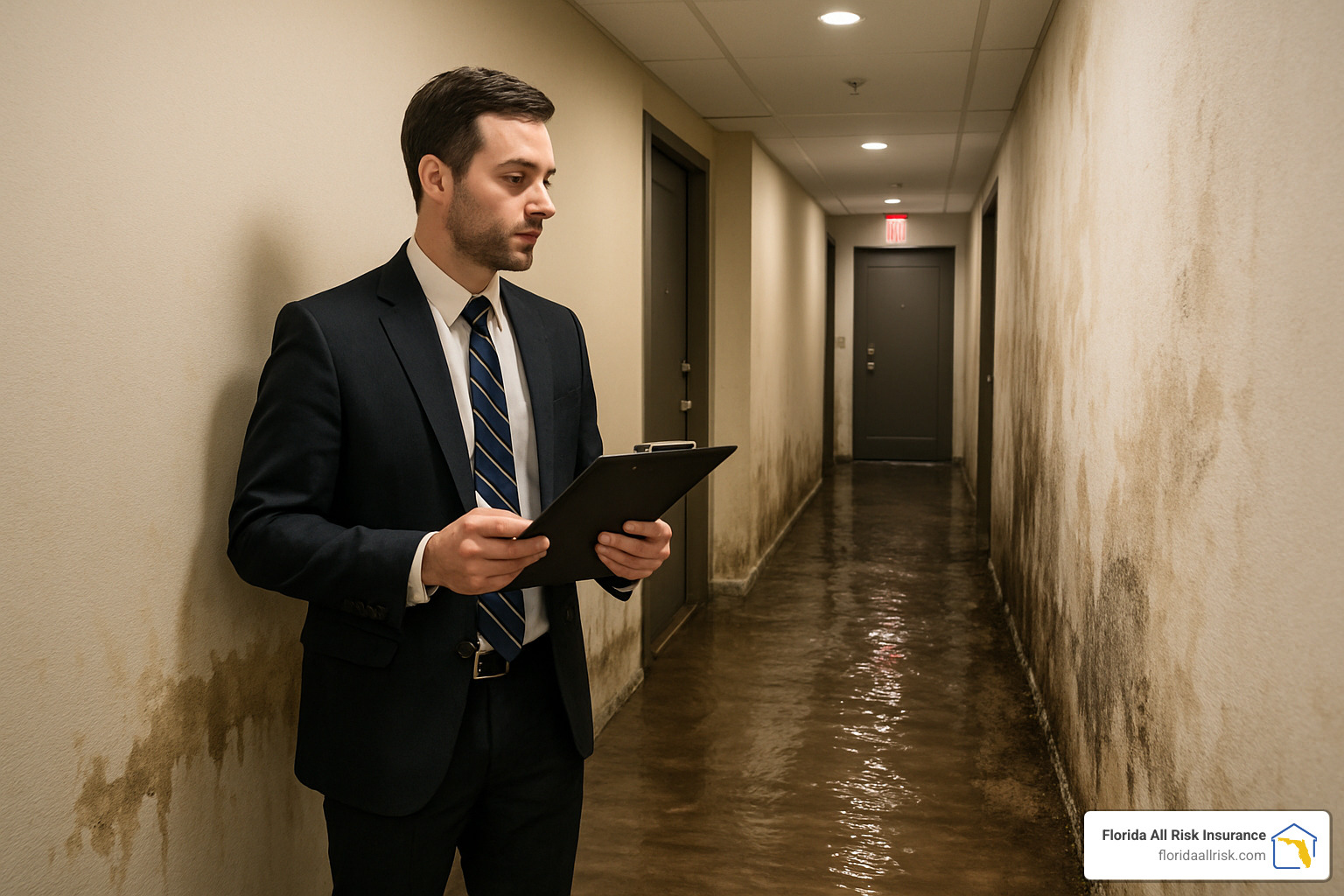 49c43f381fc2503b54aa4e47ebbc2e96eab00e8c Keeping Your Condo Afloat with the Right Flood Insurance Flood insurance for condos: Protect your property, avoid coverage gaps, and find the right policy for peace of mind today. Insurance adjuster inspecting flood damage in condo hallway - Flood insurance for condos