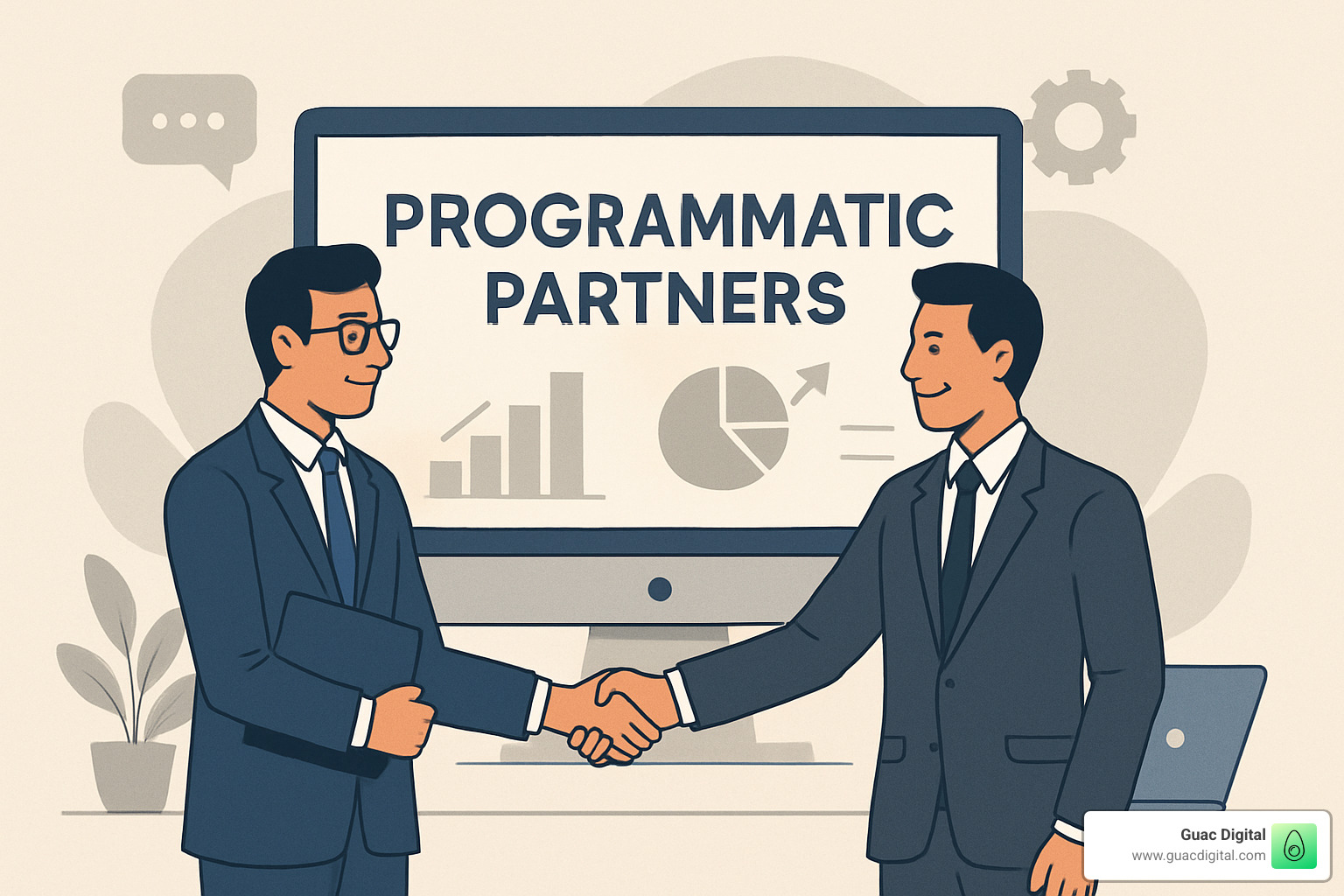 Business handshake with programmatic advertising dashboard in background showing campaign metrics and performance data - programmatic partners