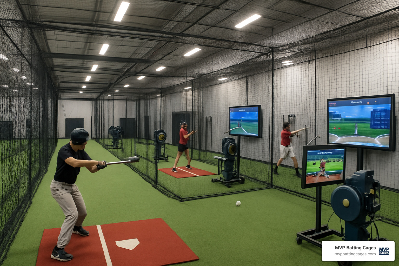 Modern batting cage facility with multiple tunnels and high-tech equipment - hitting cages near me