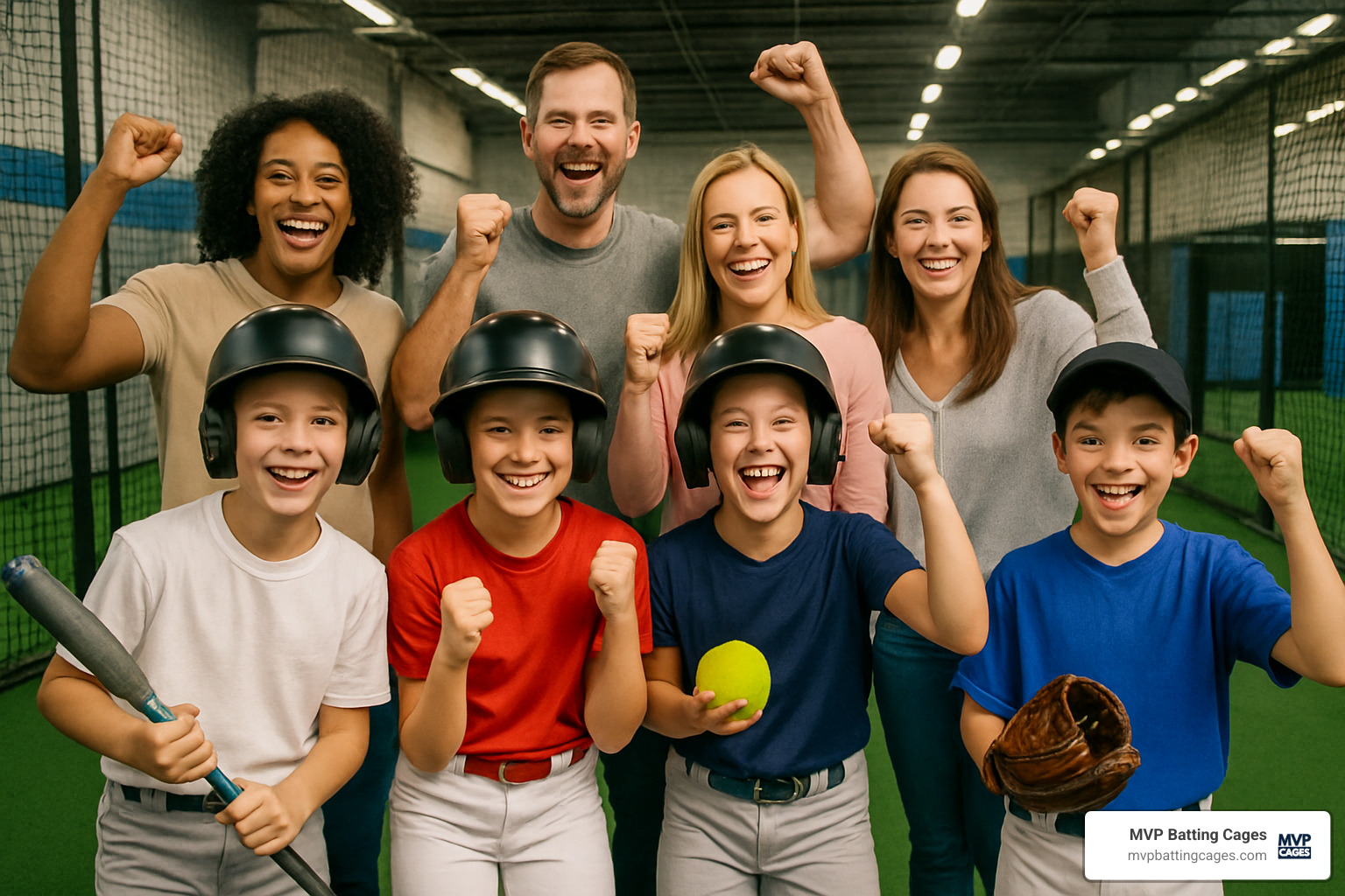 Happy families and players enjoying successful batting practice sessions - hitting cages near me
