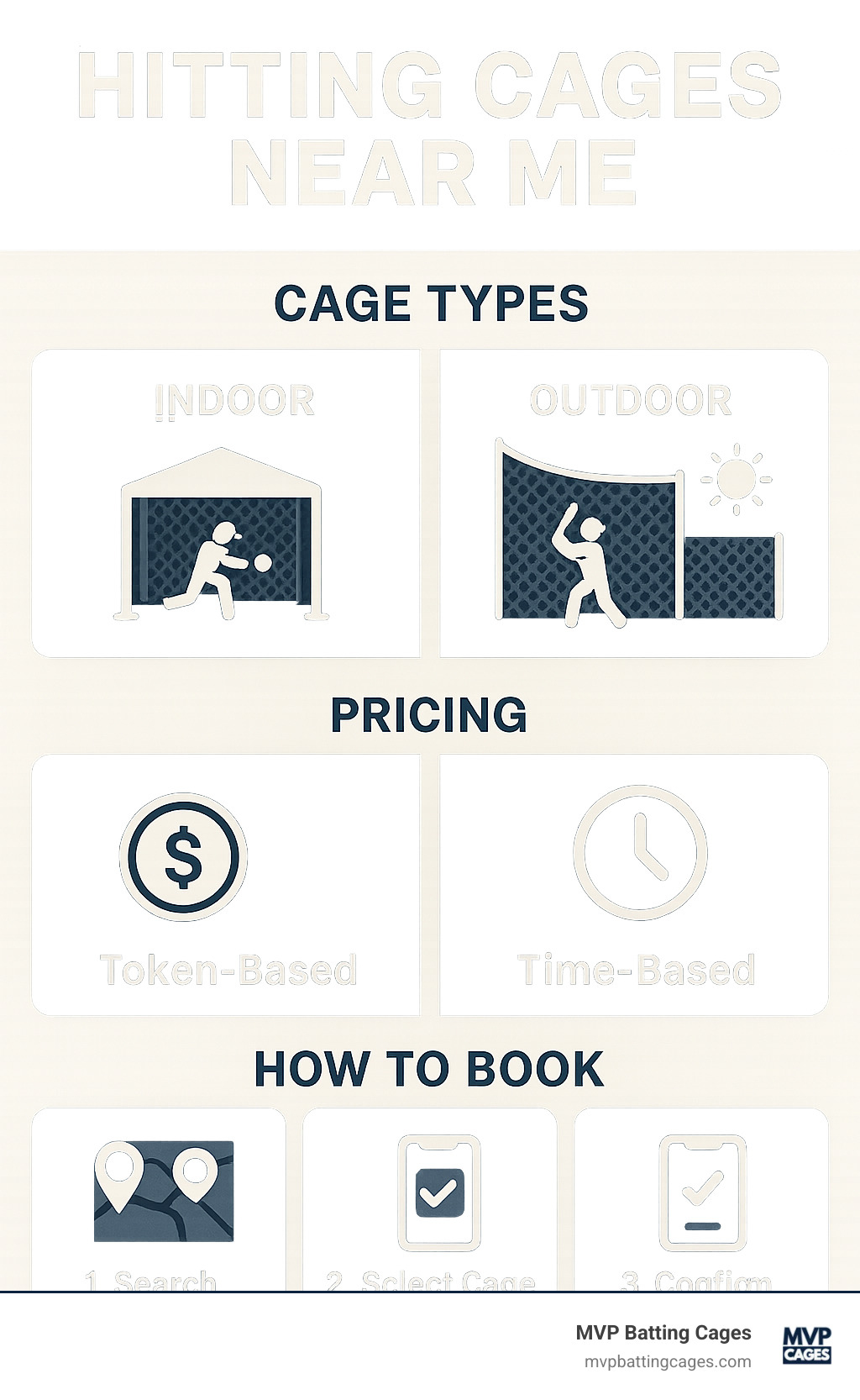 Detailed infographic showing batting cage types, pricing structures, and booking process with icons for indoor/outdoor facilities, token vs time rental systems, and mobile app booking steps - hitting cages near me infographic 