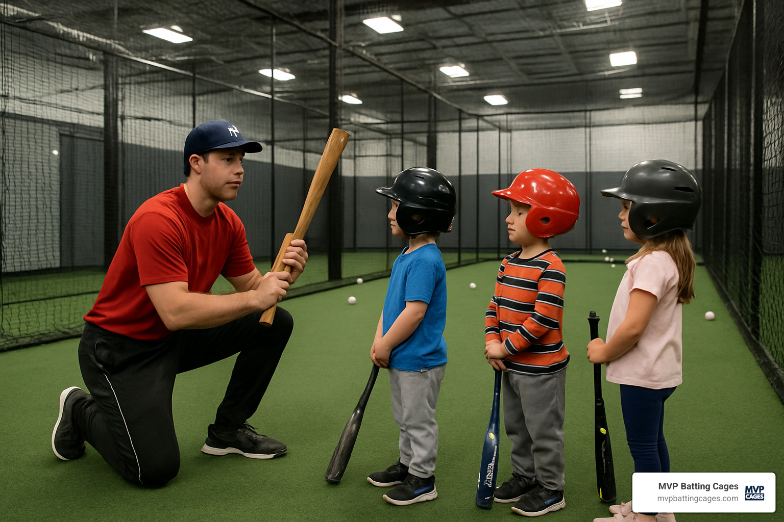Young players receiving professional instruction in a modern batting cage facility - hitting cages near me