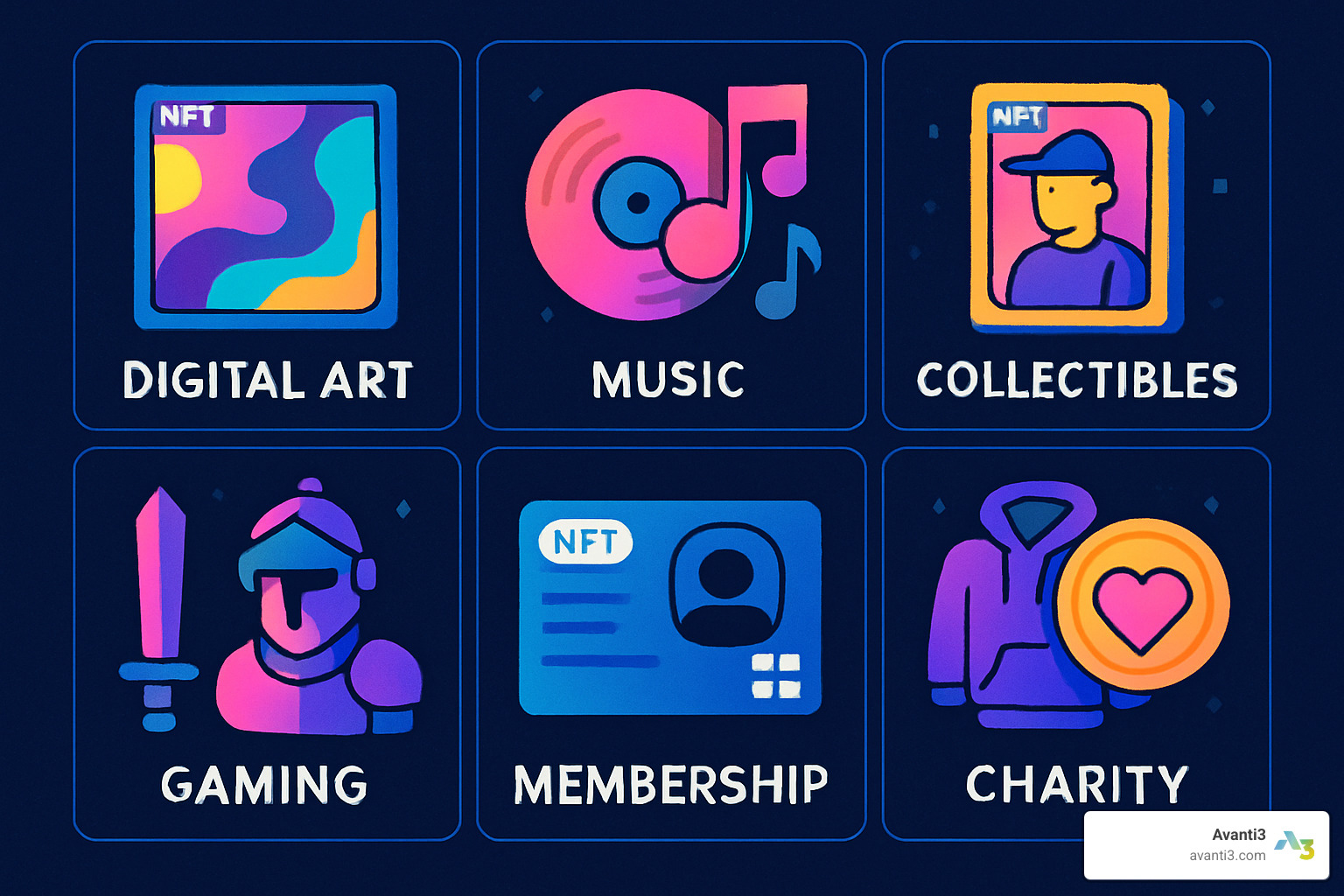 Assorted NFT categories including digital art, music tokens, trading cards, gaming assets, membership passes, fashion items, and charitable collectibles displayed in an organized grid layout - Digital collectibles for creators