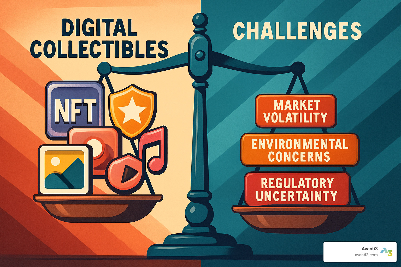 Risk vs reward balance scale with digital collectibles benefits on one side and potential challenges on the other, including market volatility, environmental concerns, and regulatory uncertainty - Digital collectibles for creators