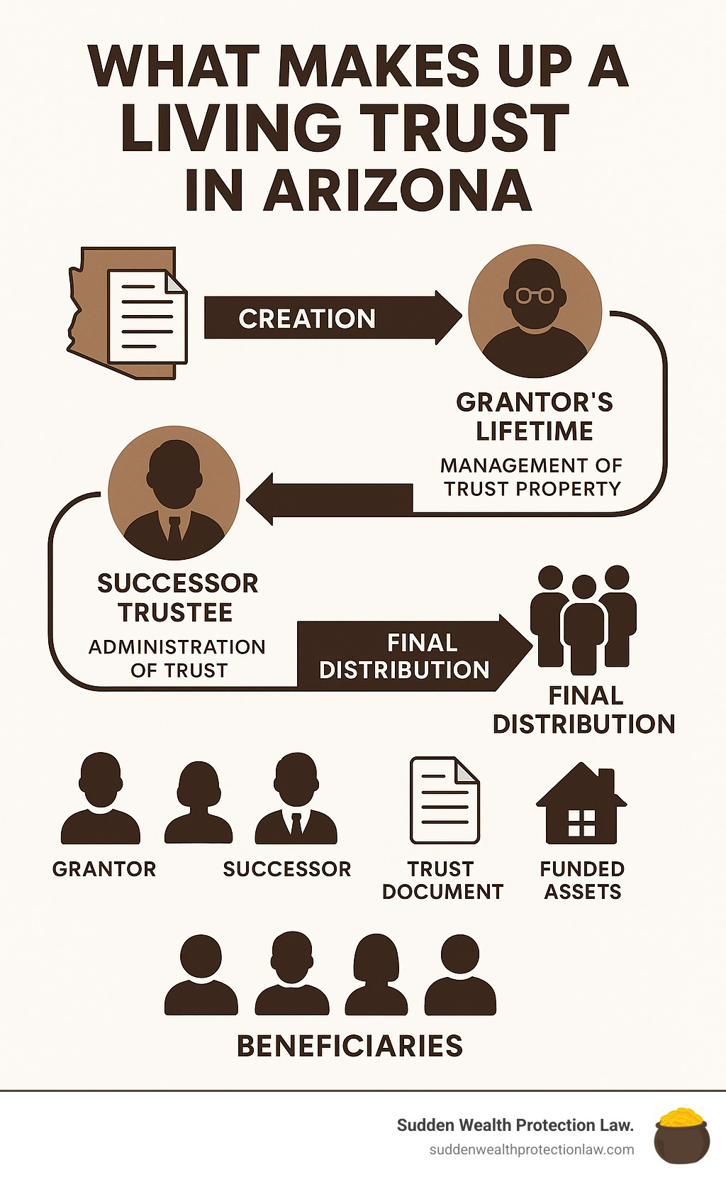 Infographic showing the complete lifecycle of an Arizona living trust from creation through grantor's lifetime management to successor trustee administration and final distribution to beneficiaries, highlighting key components and legal requirements under Arizona law - what makes up a living trust in arizona infographic 
