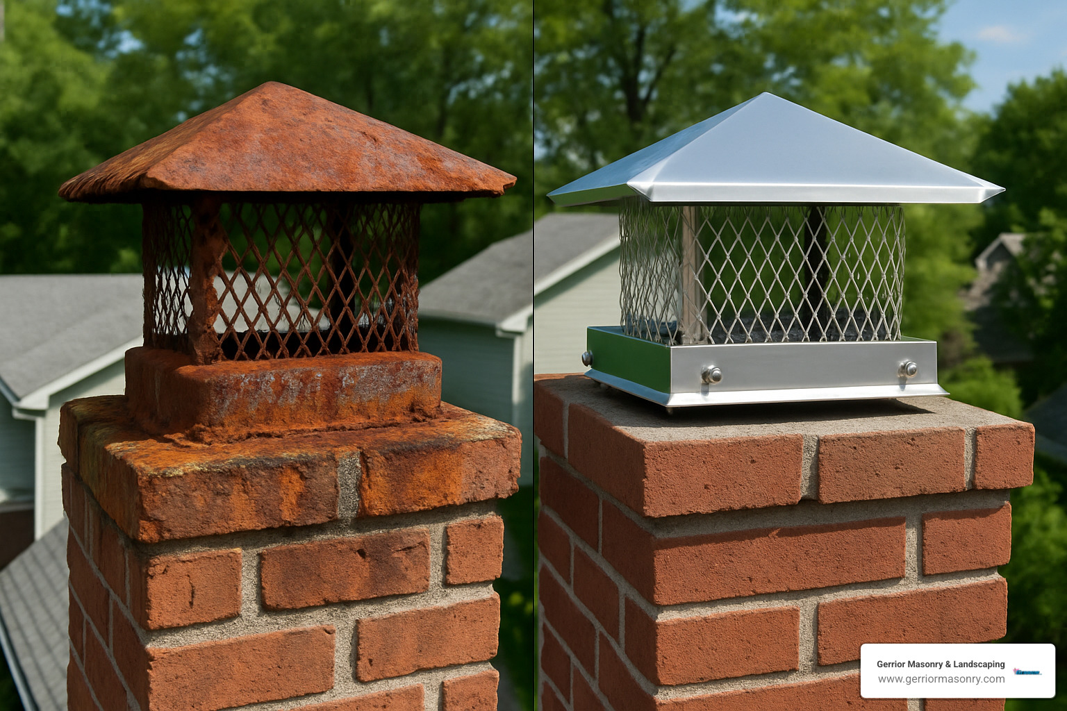 Side-by-side comparison of a severely rusted galvanized chimney cap next to a new stainless steel cap, showing the importance of material choice and regular maintenance - chimney cap installers