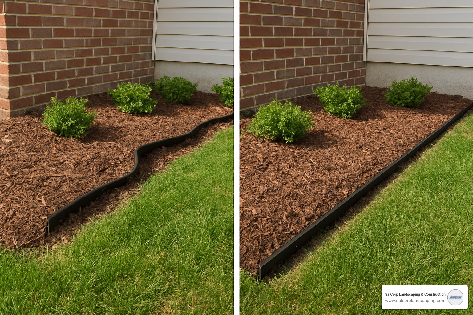 comparison image showing warped, improperly installed edging next to a properly installed, straight edging border - installing landscape edging