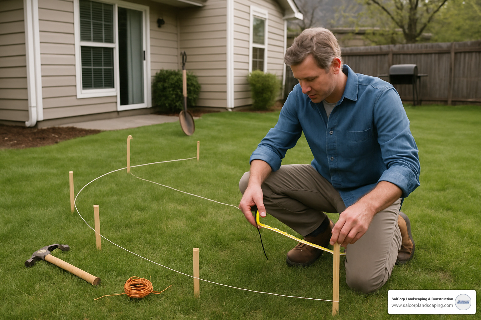 homeowner measuring and mapping garden bed layout with stakes and string - installing landscape edging