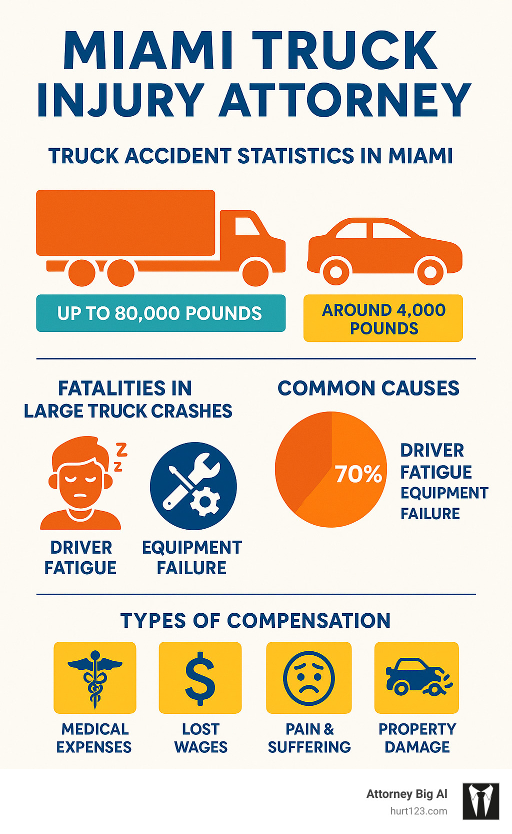 Infographic showing truck accident statistics in Miami including weight differences between trucks and cars, fatality rates by vehicle type, common causes like driver fatigue and equipment failure, and types of compensation available to victims - Miami truck injury attorney infographic Infographic showing truck accident statistics in Miami including weight differences between trucks and cars, fatality rates by vehicle type, common causes like driver fatigue and equipment failure, and types of compensation available to victims - Miami truck injury attorney infographic