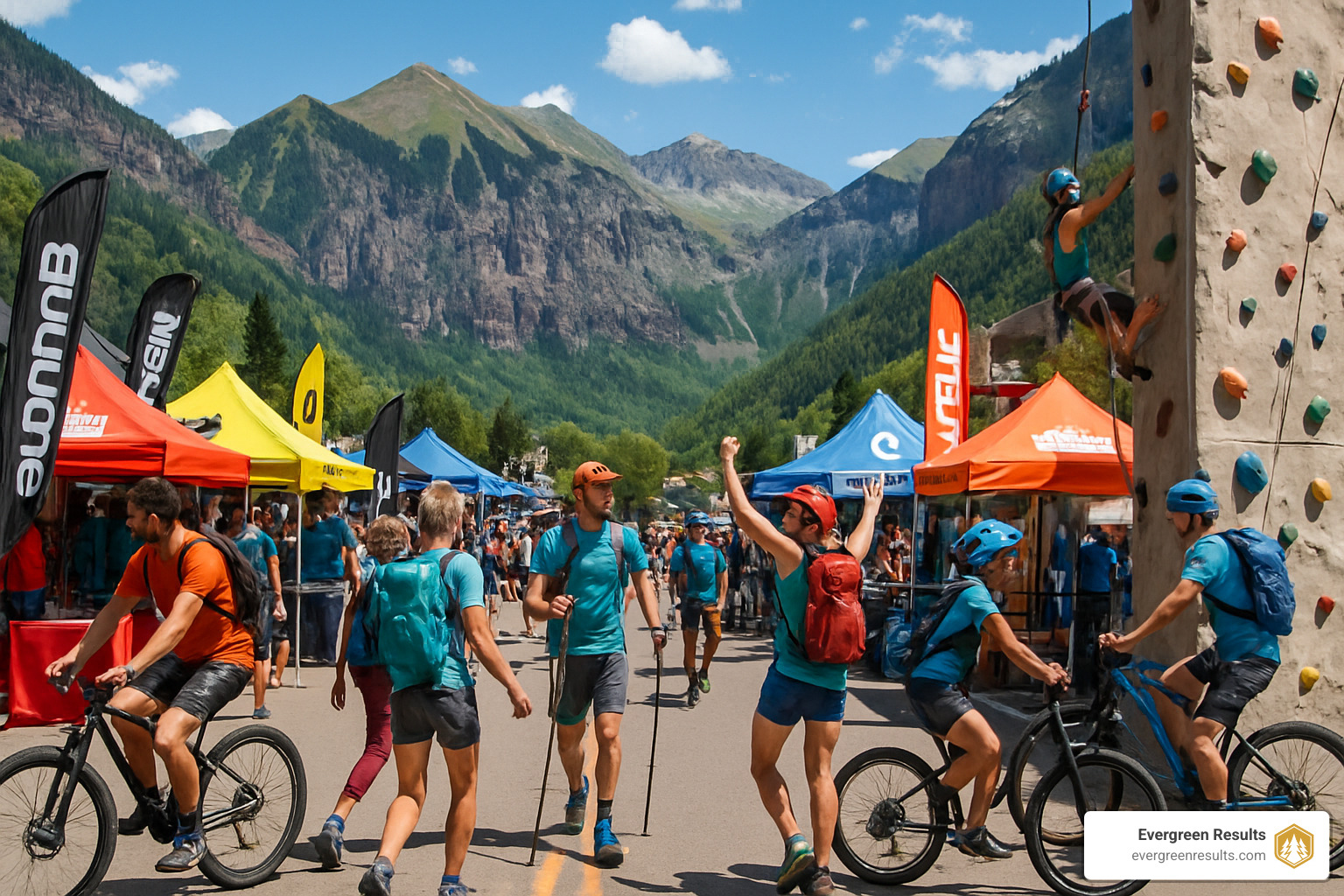 Live mountain-town activation with outdoor gear brands, athletes, and community members participating in product demos and trip activities - active lifestyle marketing agency